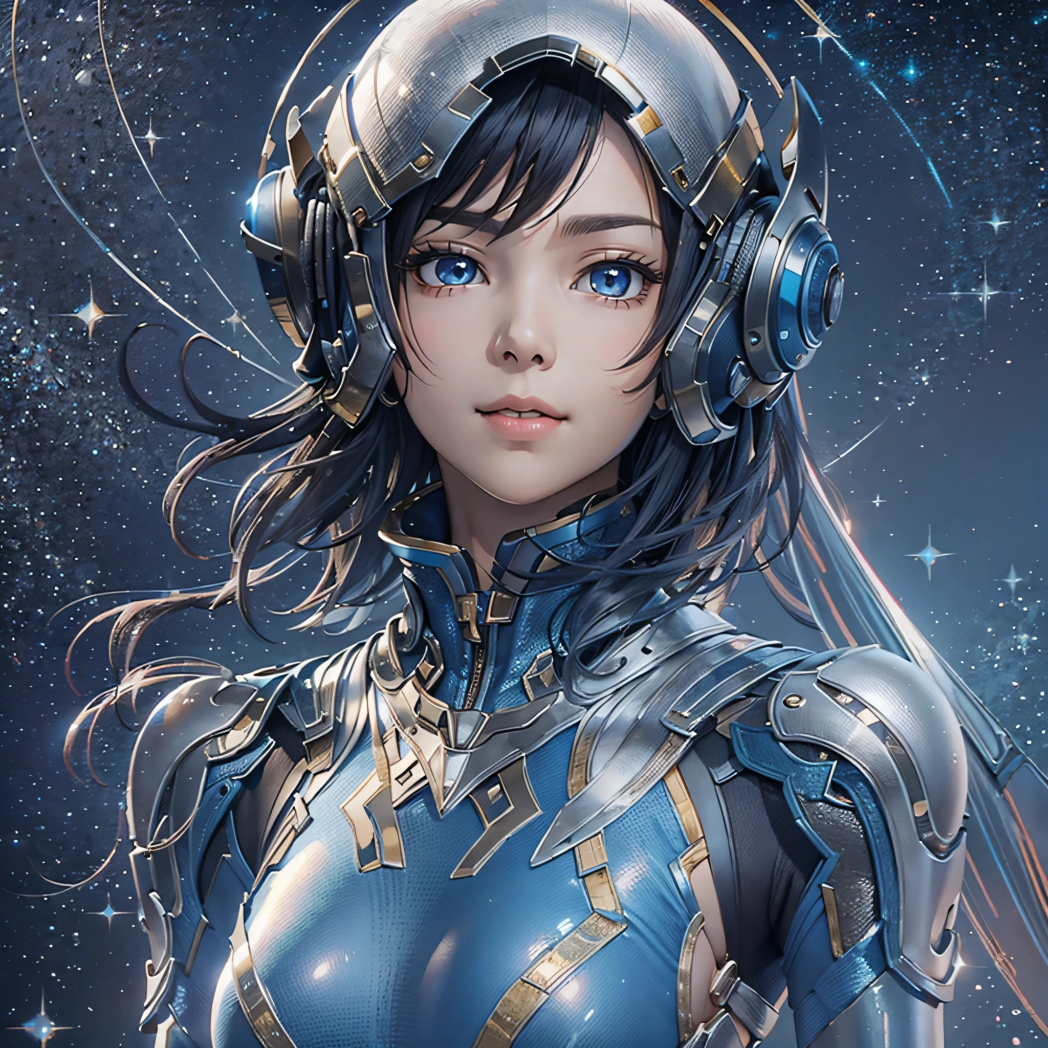 (masterpiece、highest quality、Highest Resolution、Clear_image、Detailed details、Angle from above): (Whole body、One 20 year old girl、Japanese Faces、Small Face、Slender、Navy blue super short bob cut hair、(Hidden small breasts:1.3)、Sparkling blue eyes、Shiny pilot suit in blue and black colors、Chest protection armor、Tight fitting clothes、Clothing that covers the whole body、Glamorous clothes、Tight Fit Pants、Hide your skin、Very delicate and beautiful、Detailed Skin、hide thighs、Hide your ass、Cute、A gentle smile、Soft expression、heroine、headset、Knee-high boots、Elbow-length gloves、Eye Level Shot、Face directly、Woman on a spaceship)