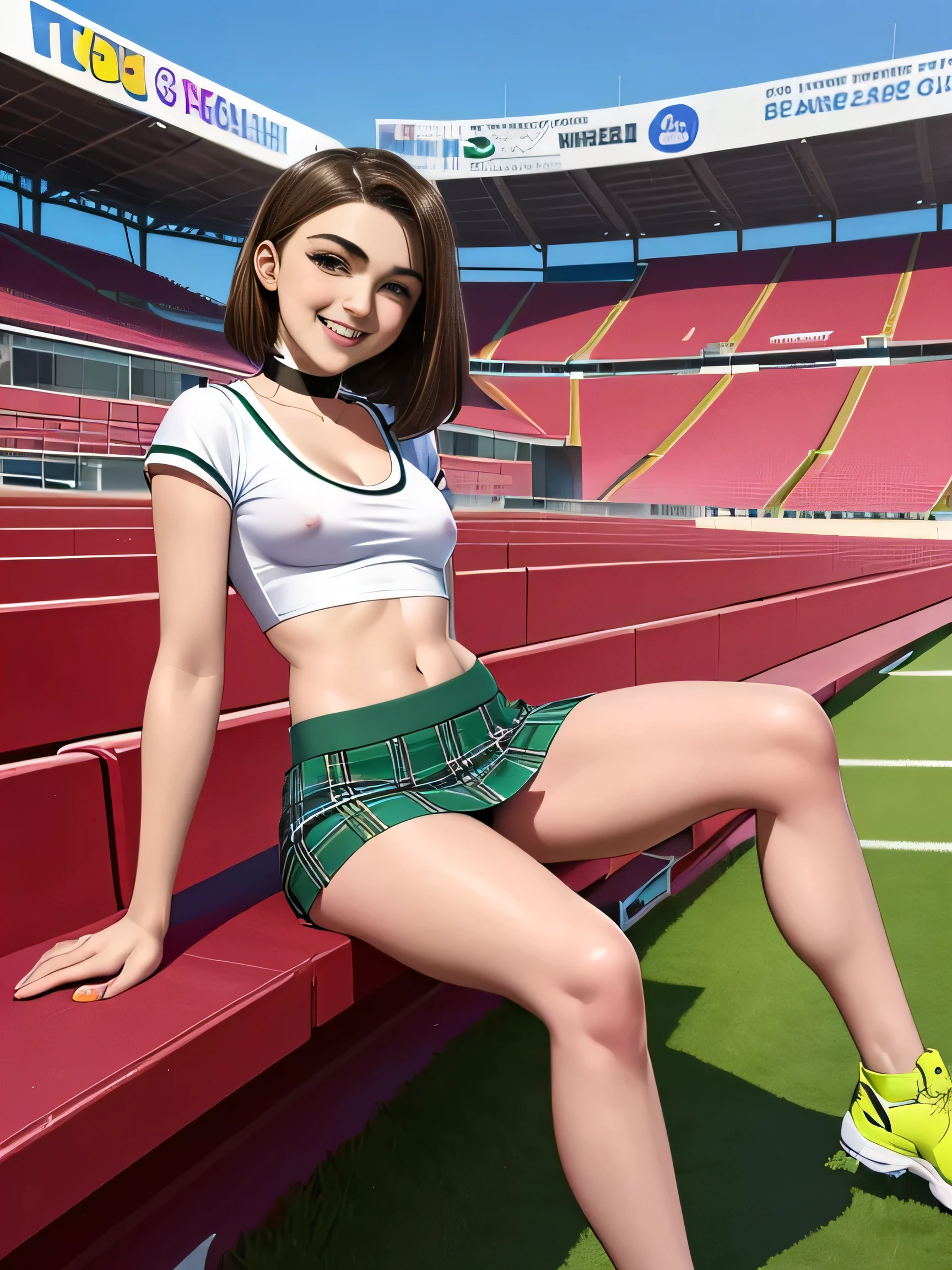 Maisie Williams, masterpiece quality, (masterpiece quality:1.3), high res, realistic, lots of detail, alone, 1girl, (1girl:1.9), solo, in a football stadium, stadium stands in background, on football field, short hair, brunette, (brunette:1.9), wearing cheerleader uniform, wearing choker collar, wearing white crop top, (white crop top:1.5), wearing green plaid skirt, (miniskirt:1.5), bare legs, (bare legs:1.5), thin body, small breasts, (small breasts:1.5), lots of cleavage, smiling, (smiling face:1.5),