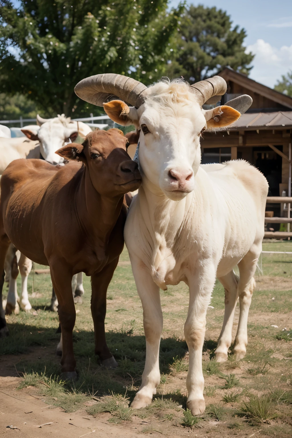sheep and cow looking right side