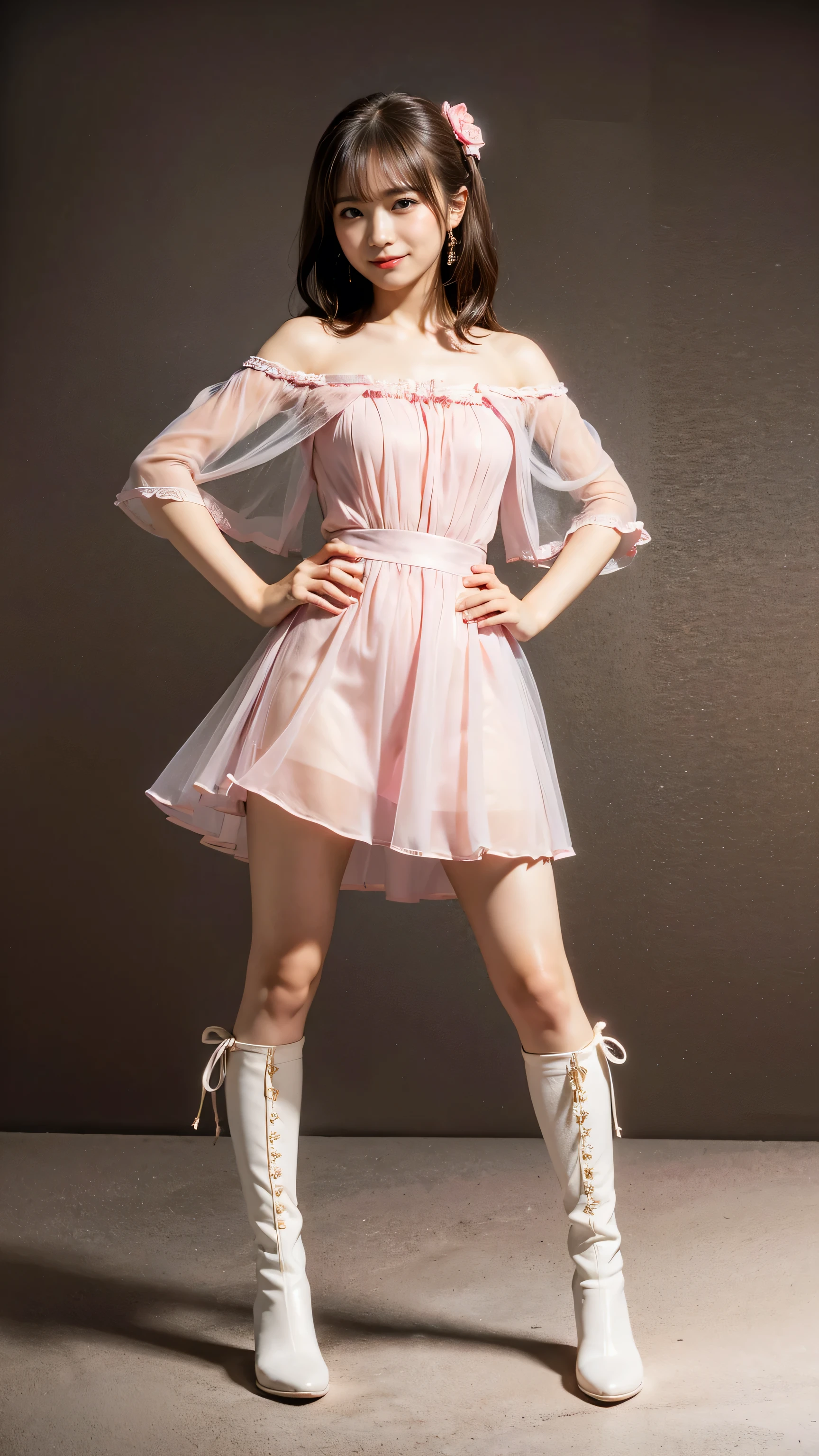 (8k、RAW Photos、highest quality、masterpiece:1.2)、(Realistic、Realistic)、1 girl、((Pink dress、Brown Hair、smile、Off the shoulder,ribbon、boots、See-through、Stand with hands on hips))、Lots of eyelashes、Glowing eyelids、skeletally correct
