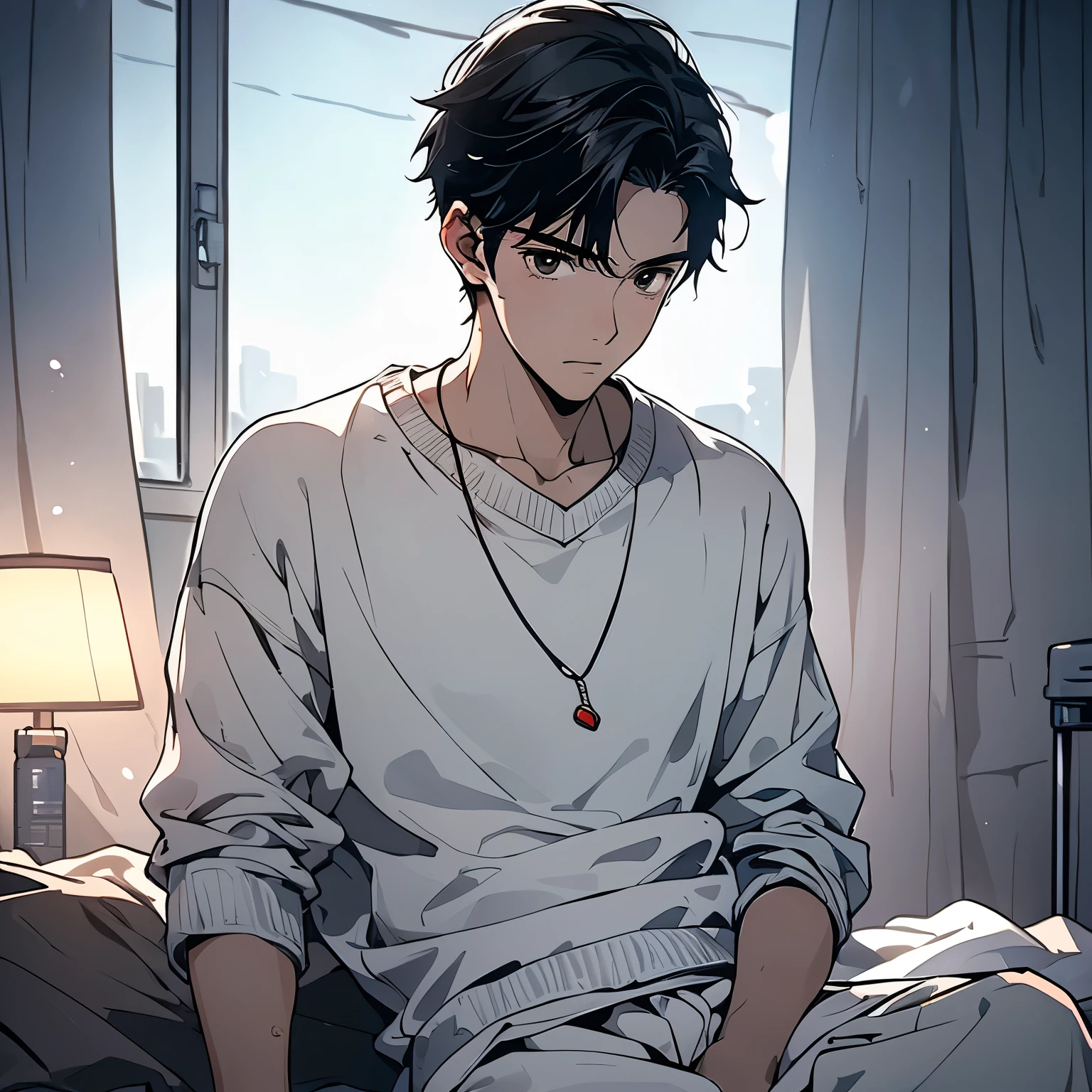 A black hair,18-year-old man in white sweater,Sitting by the bed in the hospital ward,Painful expression,sweat(Upper body display:1.5)(cinematic lighting:1.5))(ultra-high detail:1.5)(best quality:1.5)