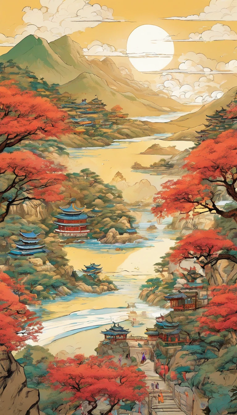 Yamakawa,rivers,suns,Mountain and sea lark parchment,Ancient mythology《Mountain Sutra , The sea and the flying DMC DeLorean》,Epic composition,shading,National style,cultural relic,ceramics,archaeology,The text on the poster is "Jianghai Fantasy Tour, Heaven and Earth Jian True Heart"