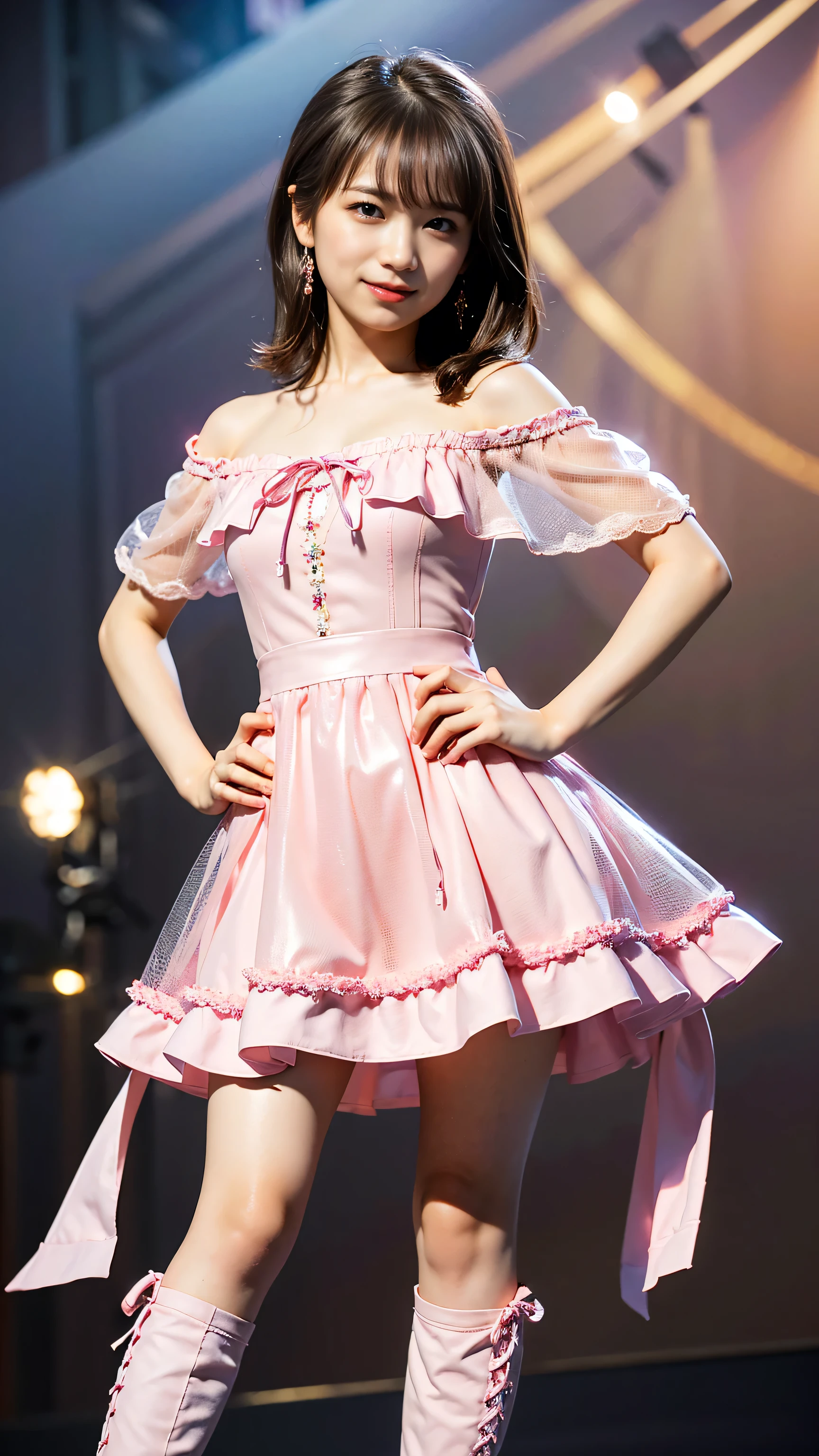 (8k、RAW Photos、highest quality、masterpiece:1.2)、(Realistic、Realistic)、1 girl、((Pink dress、Brown Hair、smile、Off the shoulder,ribbon、boots、See-through、Stand with hands on hips))、Lots of eyelashes、Glowing eyelids、skeletally correct