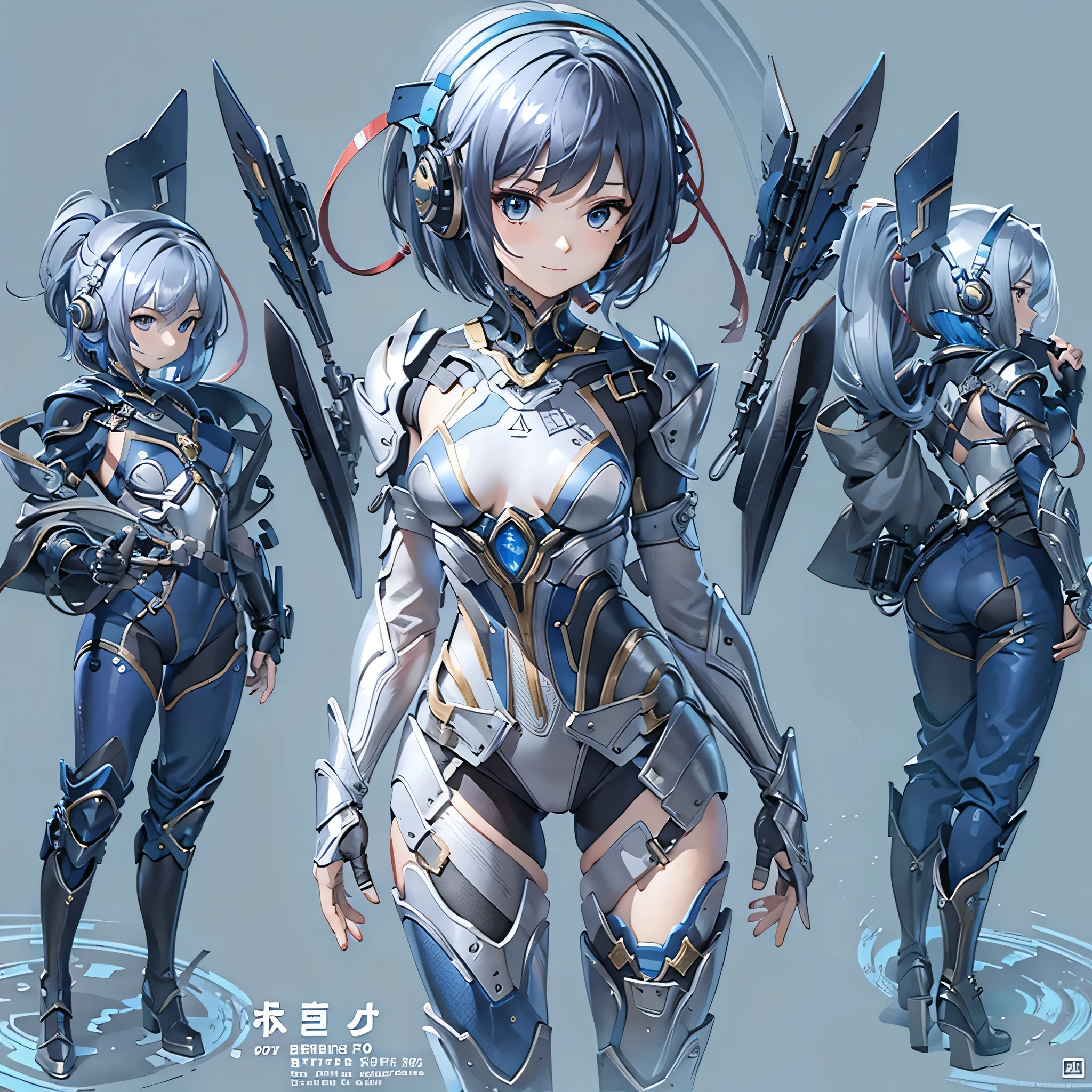 (masterpiece、highest quality、Highest Resolution、Clear_image、Detailed details、Angle from above): (Whole body、One 20 year old girl、Japanese Faces、Small Face、Slender、Navy blue super short bob cut hair、(Hidden small breasts:1.3)、Sparkling blue eyes、Shiny pilot suit in blue and black colors、Chest protection armor、Tight fitting clothes、Clothing that covers the whole body、Glamorous clothes、Tight Fit Pants、Hide your skin、Very delicate and beautiful、Detailed Skin、hide thighs、Hide your ass、Cute、A gentle smile、Soft expression、heroine、headset、Knee-high boots、Elbow-length gloves、Eye Level Shot、Face directly、Woman on a spaceship)