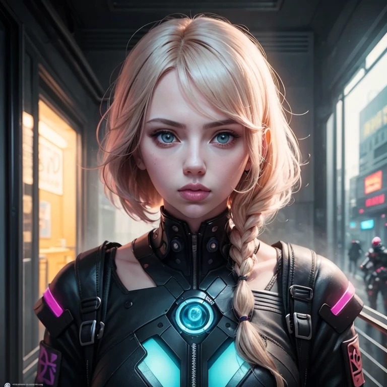 Anime, half robot face, futurist, blond hair, Scarlet Johansson, um capacete futurist segurando um cubo, Non-style works of Gouweiz, Android Jones, RossDrew 2. 0, cyberpunk anime digital art, Rossdrive 1. 0, Portrait of Ross, Epic portrait illustration, I look at the viewer nicely, Squinted eyes, beautifully outlined
