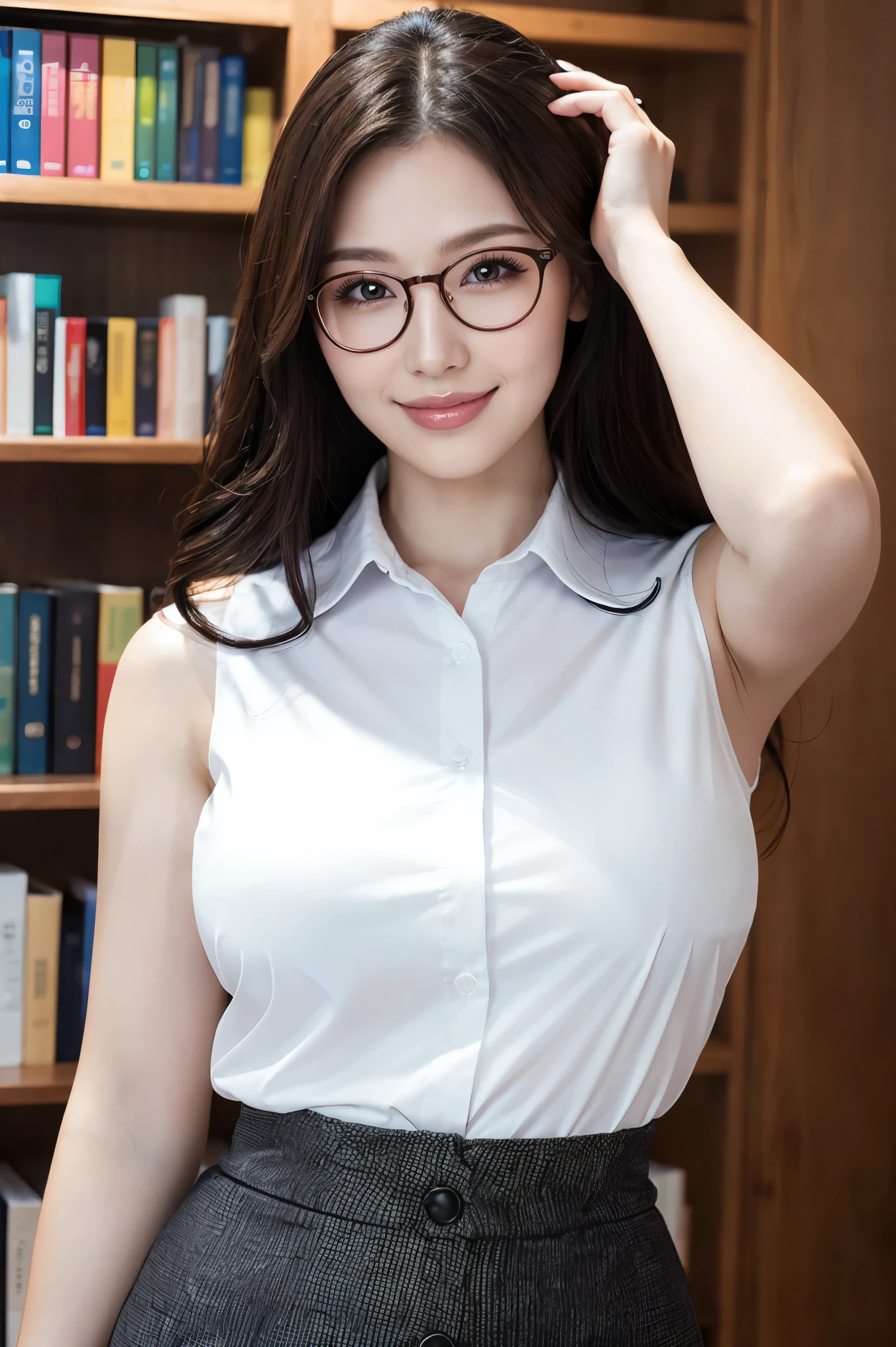 (highest quality、Tabletop、8k、Award-winning works、Ultra-high resolution、Best image quality)、One beautiful woman、(White polyester sleeveless buttoned collared blouse:1.3)、(Elegant black tight skirt:1.1)、(Huge breasts:1.2)、Slight smile、(Elegant round glasses:1.2)、library、(Standing Elegantly:1.1)、(Strongly blurred background:1.1)、Stand next to a bookshelf、(Perfectly organized bookshelf:1.1)、Bookshelf in the background、居心地の良いlibrary、lipstick、Long eyelashes、Heavy makeup、Perfect Makeup、Colored contact lenses、Accentuate your body lines、Big ample breasts、Soft and warm lighting、Detailed bookshelf、(Ultra-high resolutionの正確な美しい髪:1.1)、(Accurate anatomy:1.2)、Ultra-high definition beautiful eyes、Ultra-high definition beautiful teeth、(Super bright and radiant skin:1.1)