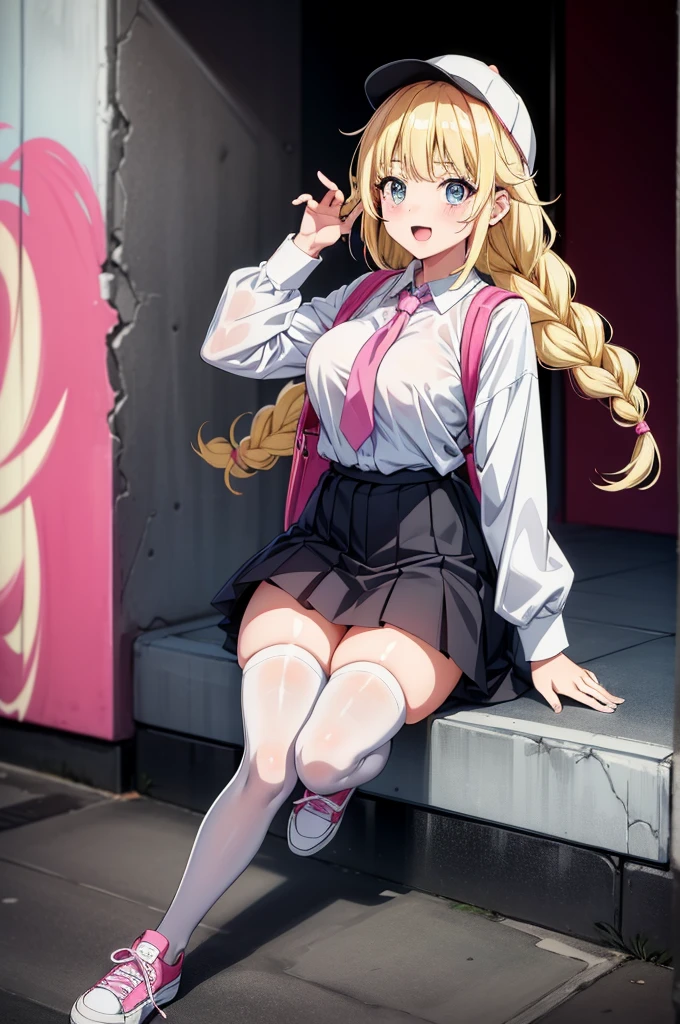 (((grayscale)))(masterpiece:1.2, best quality), (graffiti wall:1.15), super fine illustration,vibrant colors, masterpiece, sharp focus, best quality, depth of field, cinematic lighting,ultra detailed,1girl,Tomoyo Daidouji with multicolored hair,, and white sneakers runs up the street, 1girl, solo, breasts, long hair, skirt, backpack, bag, thighhighs, simple background, looking at viewer, smile, single thighhigh, white background, long sleeves, shirt, blush, bangs, white shirt, grey eyes, bow, shoes, pink hair, open mouth, pink footwear, hair ornament, very long hair, necktie, large breasts, open clothes, socks, multicolored hair, pleated skirt, white hair, white thighhighs,, breasts,🎮,🕹️,🌈,kawaiitech, pastel colors, kawaii, cute colors, anime style, very close up,Eiko Tsukimi, blue eyes, braid, twin braid,(((blonde hair))),baseball cap,