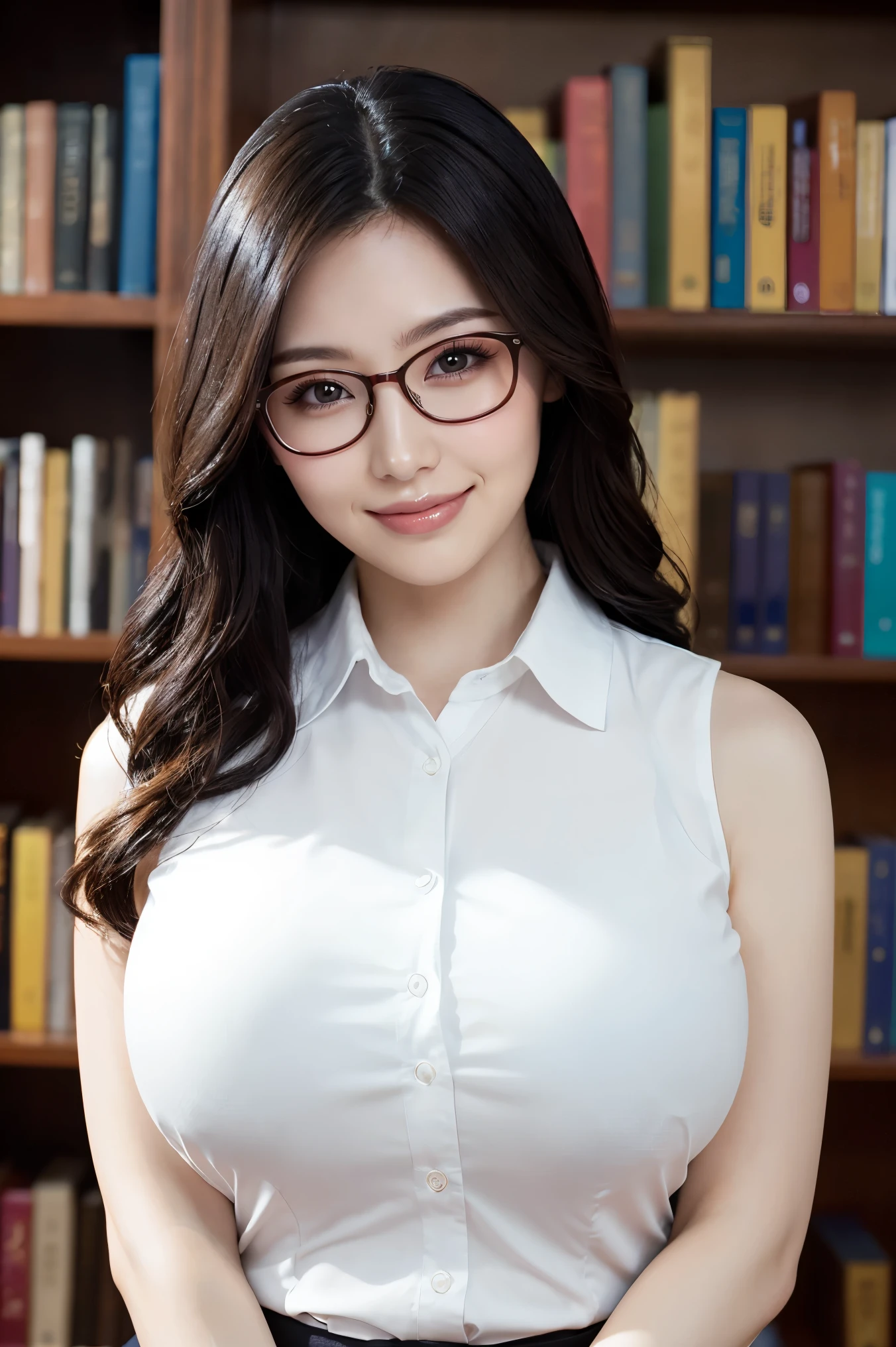 (highest quality、Tabletop、8k、Award-winning works、Ultra-high resolution、Best image quality)、One beautiful woman、(White polyester sleeveless oned collared blouse:1.3)、(Elegant black tight skirt:1.1)、(Huge brea)、Slight s、(Elegant round glasses:1.2)、library、(Standing Elegantly:1.1)、(Strongly bl background:1.1)、Stand next to a bhelf、(Perfectly organized bookshelf:1.1)、Bookshelf in the background、居心地の良いlibrary、lipstick、Long eyelashes、Heavy makeup、Perfect Makeup、Colored contact lenses、Accentuate your body lines、Big ample breasts、Soft and warm liDetailed bookshelf、(Ultra-high resolutionの正確な美しい髪:1.1)、(Accurate anatomy:1.2)、Ultra-high definition beautiful eyes、Ultra-high definition beautiful teeth、(Super bright and radiant skin:1.1)