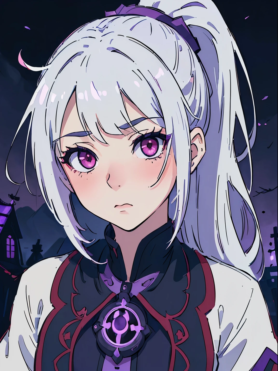 ((masterpiece, best quality)), ((anime girl in the village, night)) (1girl, portrait, close up), (solo, alluring face, seductive face, blushing, shy), (female focus, mature), (white hair, ponytail hair),red eyes, sharp eye, detailed eye, ((purple necromancer garb)), portraits, dramatic lighting, blueish light, calm atmosphere