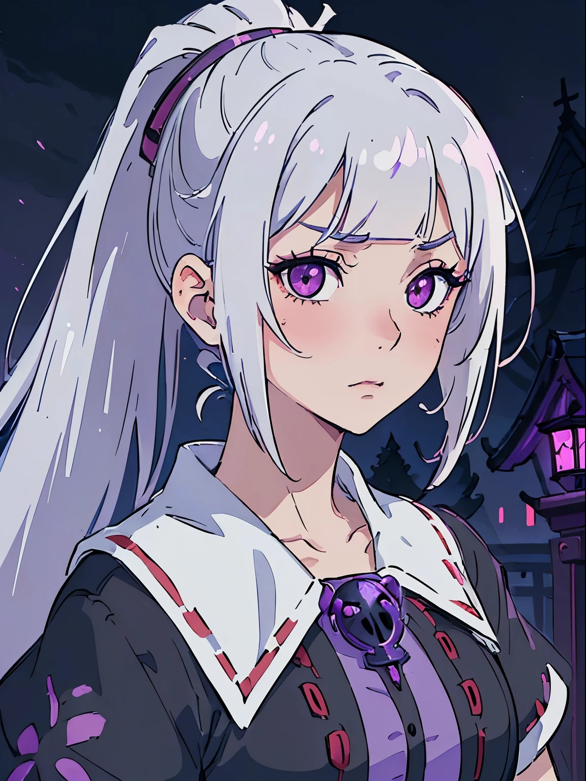 ((masterpiece, best quality)), ((anime girl in the village, night)) (1girl, portrait, close up), (solo, alluring face, seductive face, blushing, shy), (female focus, mature), (white hair, ponytail hair),red eyes, sharp eye, detailed eye, ((purple necromancer garb)), portraits, dramatic lighting, blueish light, calm atmosphere