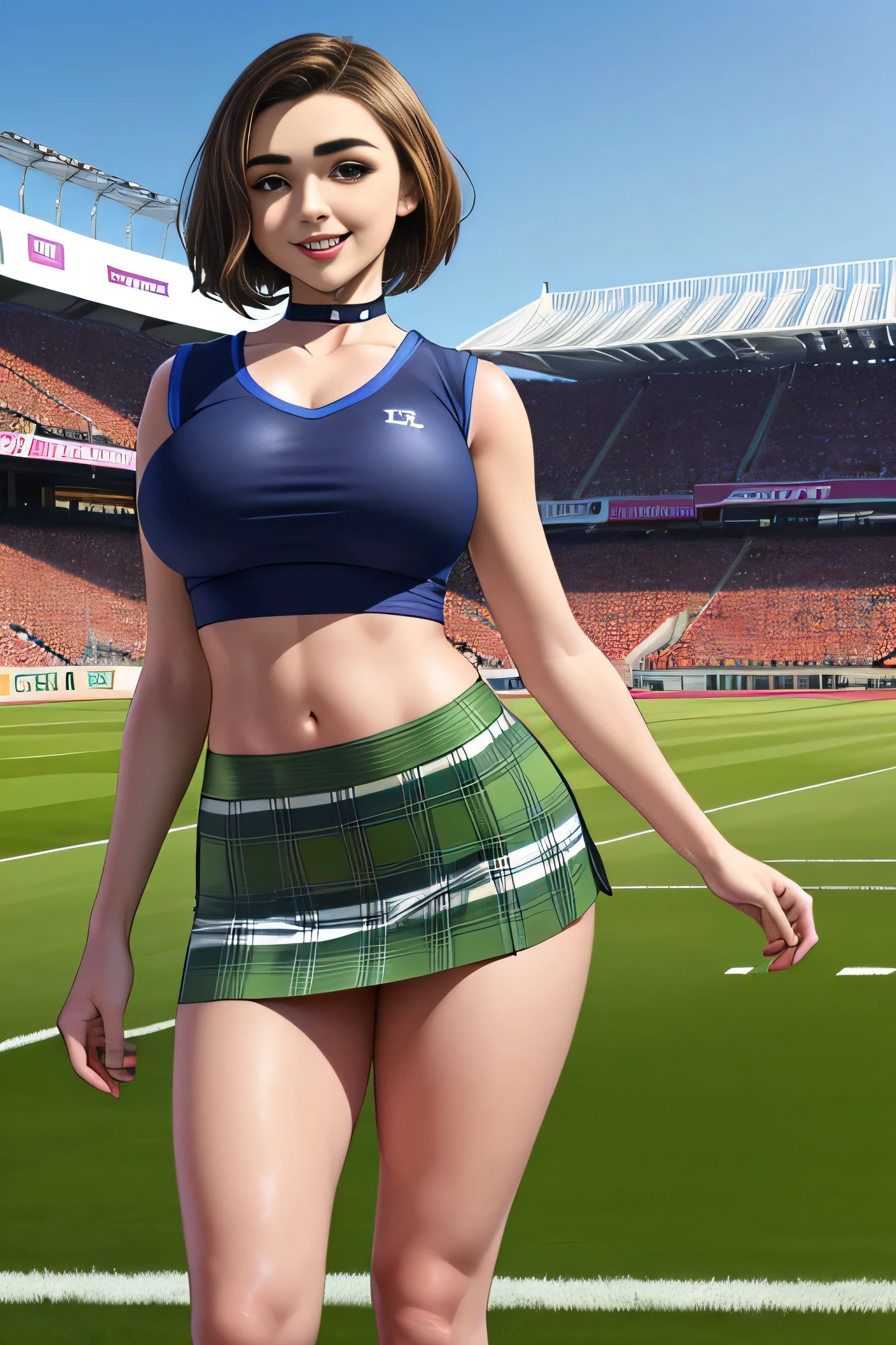 Maisie Williams, masterpiece quality, (masterpiece quality:1.3), high res, realistic, lots of detail, alone, 1girl, (1girl:1.9), solo, in a football stadium, stadium stands in background, on football field, short hair, (short hair:1.5), brunette, (brunette:1.9), wearing cheerleader uniform, wearing choker collar, wearing white crop top, (white crop top:1.5), wearing green plaid skirt, (miniskirt:1.5), bare legs, (bare legs:1.5), thin body, big breasts, (big breasts:1.3), lots of cleavage, smiling, (smiling face:1.5), 