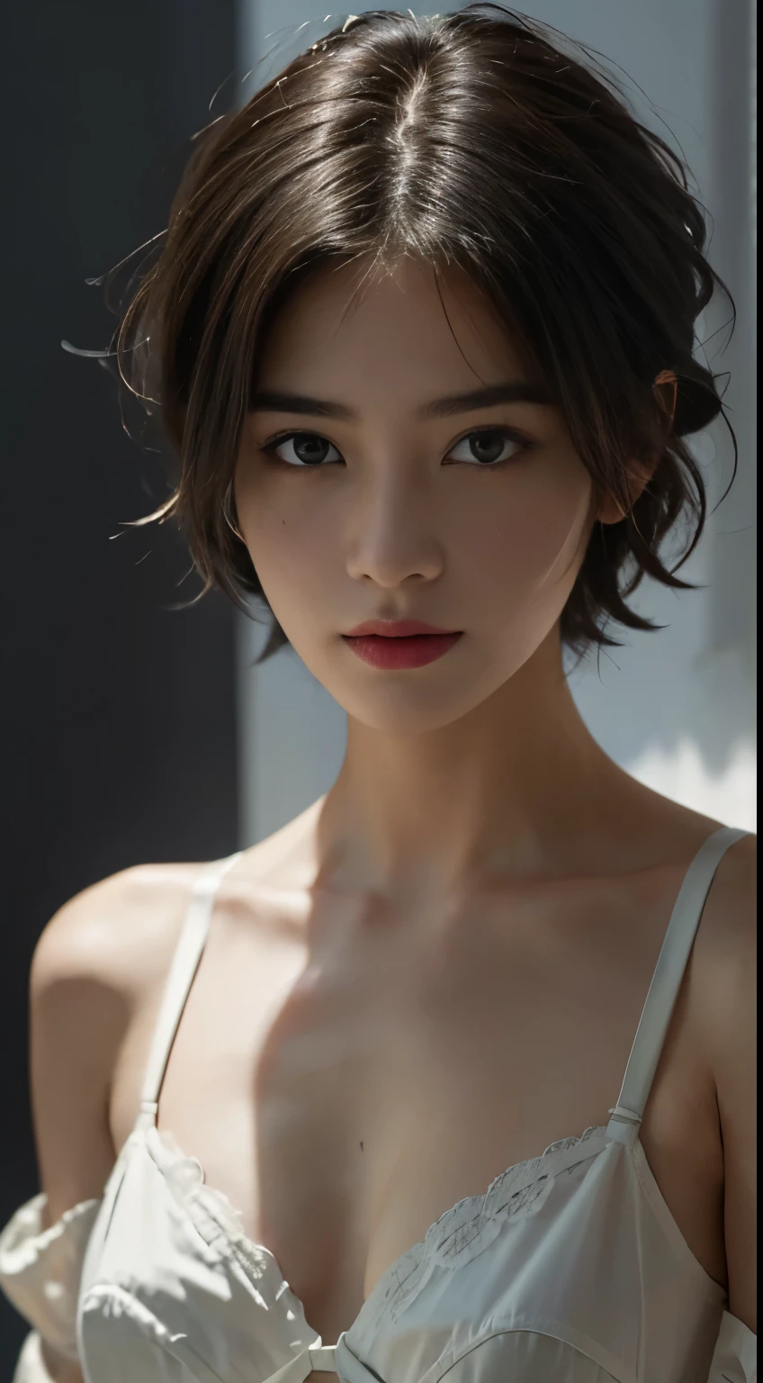 Best quality, masterpiece, ultra high res, (photorealistic:1.5), raw photo, 1girl, offshoulder, bright, deep shadow, low key, cold light, sexy look, short hair, bra strap
