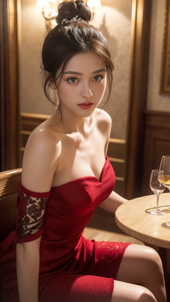 (best quality,highres,masterpiece:1.2),ultra-detailed,portrait,Abigail,beautiful lady,charming,charismatic,high bun hairstyle,bar,wineglass,relaxing,embodying elegance,atmosphere,movie lighting,sharp focus,intricate details,expression of beauty,luxurious ambiance,vintage decor,sophisticated,stylish attire,dark red dress,elegant gesture,sitting in a cozy corner,enjoying a glass of wine,completing the serene scene,vivid colors,soft and warm color palette,subtle lighting effects,illuminating her features,creating an enchanting aura