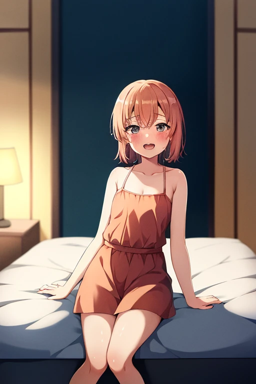 ((highest quality)), ((masterpiece)), (be familiar with), Perfect Face, indoor, Bedroom, Watching the audience,
One woman, Yuigahama Yui,
Open Mouth, Ecstatic expression, blush, smile,
Small breasts, Flat Chest, Young Girl, , , Girl,
Short Hair, Salmon-colored hair, Salmon-colored eyes, Side Pony,
Leg spread,