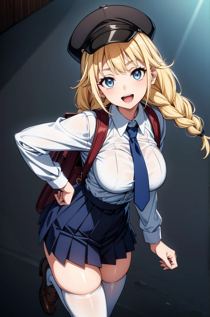 a cartoonish female dressed in a professional outfit on skateboard leaning forward for pose position, 1girl, solo, thighhighs, skirt, necktie, shirt, blonde hair, braid, blue eyes, white shirt, long hair, hat, breasts, smile, bag, open mouth, looking at viewer, pleated skirt, long sleeves, large breasts, backpack, collared shirt, blue necktie, skindentation, twin braids, shoes, white thighhighs, twintails, black skirt, white headwear, :d