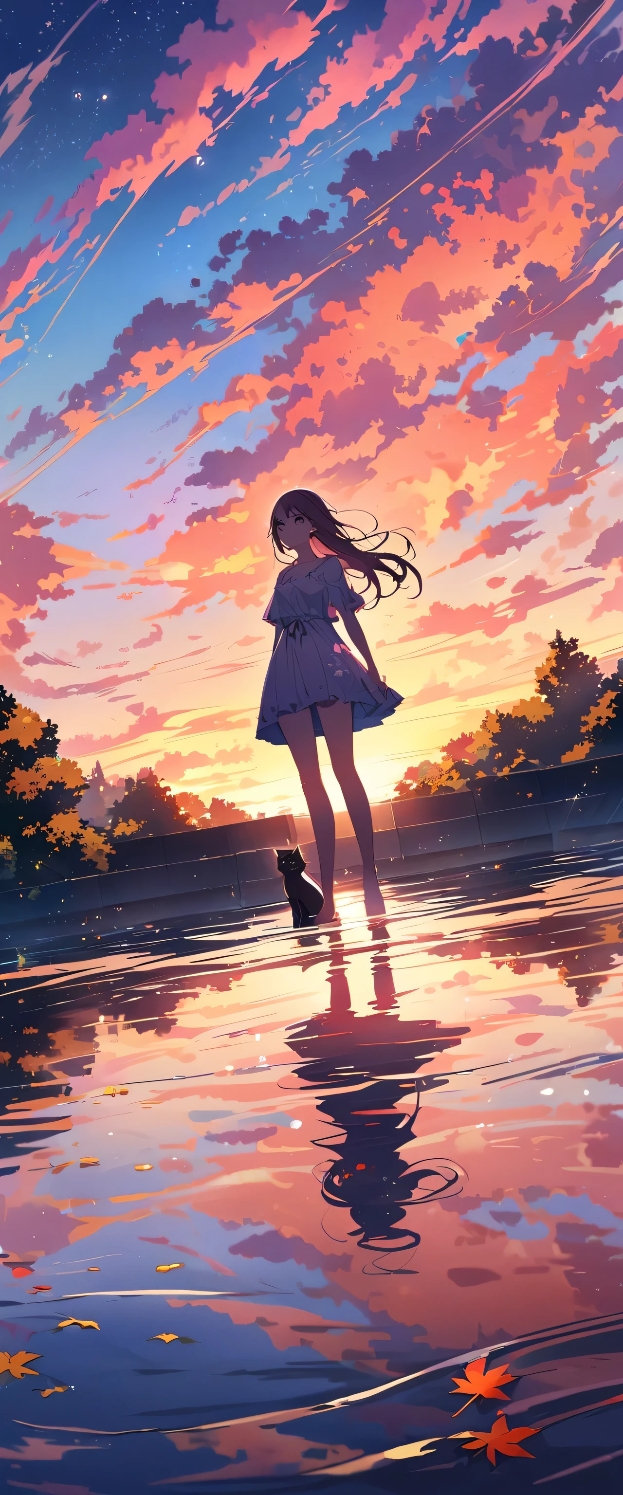 official art, All-in-one 8K wallpapers, very detailed, Masterpiece, Best picture quality,ultra wide angle,evening,woman,standing in the swimming pool,Water is like a mirror..,reflection of the sky。looking up at the sky,colorful sunset,Dynamic angle, grace, bright colors,Delicate reflection on the water,glittering ripples,soft golden light,A gentle breeze blows her hair..,Autumn leaves in the background,Delicate tones of pink and purple in the sky.,The atmosphere is dreamy and ethereal..,Lens flares add magic..,1 cat,The clouds are on the side.