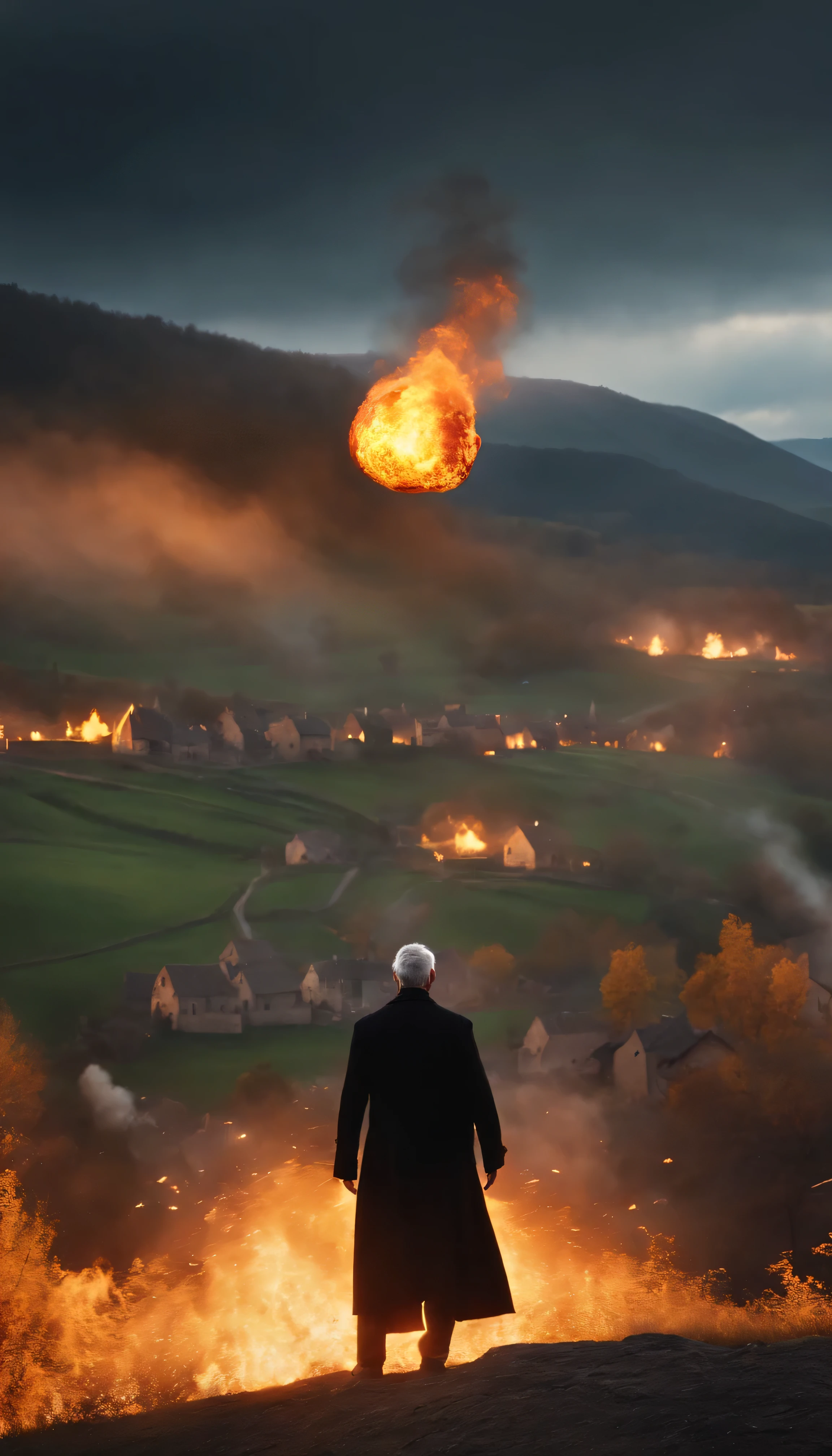 8k, close distance portrait, a male wizard with black clothes and grey short hair from behind, throwing a super massive huge fireball to a village in the distance from hill, with a burning village background the distance