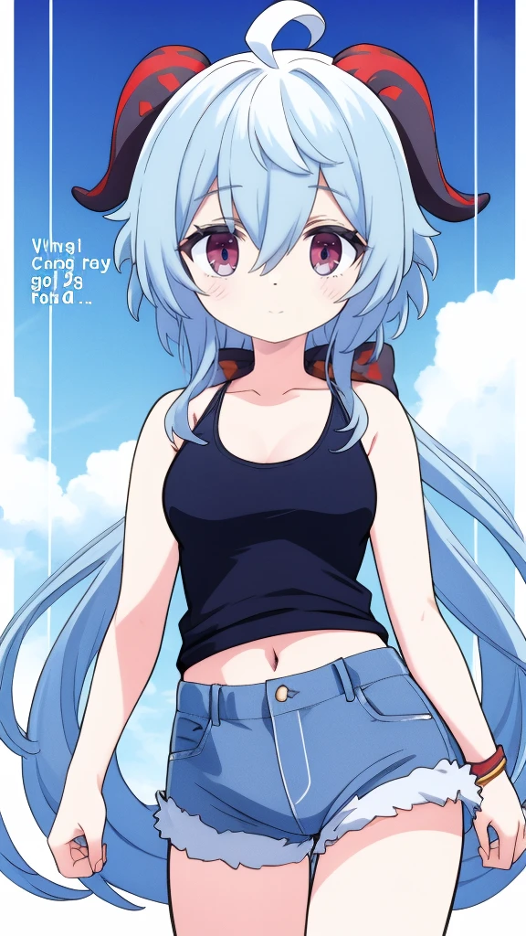 1 girl, solo, Ganyu (Genshin), chest, horns, long hair, blue hair, ahoge, looking at camera, holding, blushing, bangs, absolute territory, purple eyes, medium breasts, goat horns,, very long hair , standing, closed mouth, , side lock, cowboy shot, fluffy, red eyes, hair between the eyes, (colorful cloud background blur) 1.2, fluffy, soft, ((best quality)), ( Highly detailed, top details, official art, beauty, aesthetics: 1.2), text frame depth, composition, ((blue striped tank top)), denim shorts,