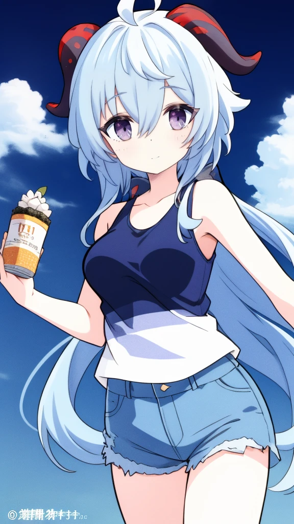 1 girl, solo, Ganyu (Genshin), chest, horns, long hair, blue hair, ahoge, looking at camera, holding, blushing, bangs, absolute territory, purple eyes, medium breasts, goat horns,, very long hair , standing, closed mouth, , side lock, cowboy shot, fluffy, red eyes, hair between the eyes, (colorful cloud background blur) 1.2, fluffy, soft, ((best quality)), ( Highly detailed, top details, official art, beauty, aesthetics: 1.2), text frame depth, composition, ((blue striped tank top)), denim shorts,