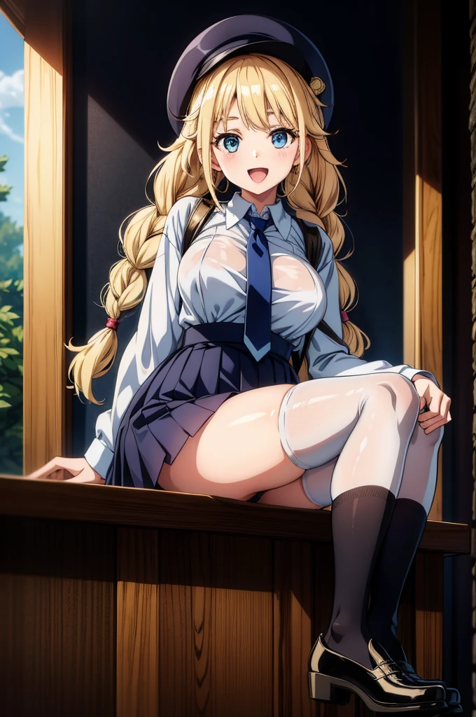 a blonde anime chick is sitting in a dress and has a skirt that covers her butt, 1girl, solo, thighhighs, skirt, necktie, shirt, blonde hair, braid, blue eyes, white shirt, long hair, hat, breasts, smile, bag, open mouth, looking at viewer, pleated skirt, long sleeves, large breasts, backpack, collared shirt, blue necktie, skindentation, twin braids, shoes, white thighhighs, twintails, black skirt, white headwear, :d