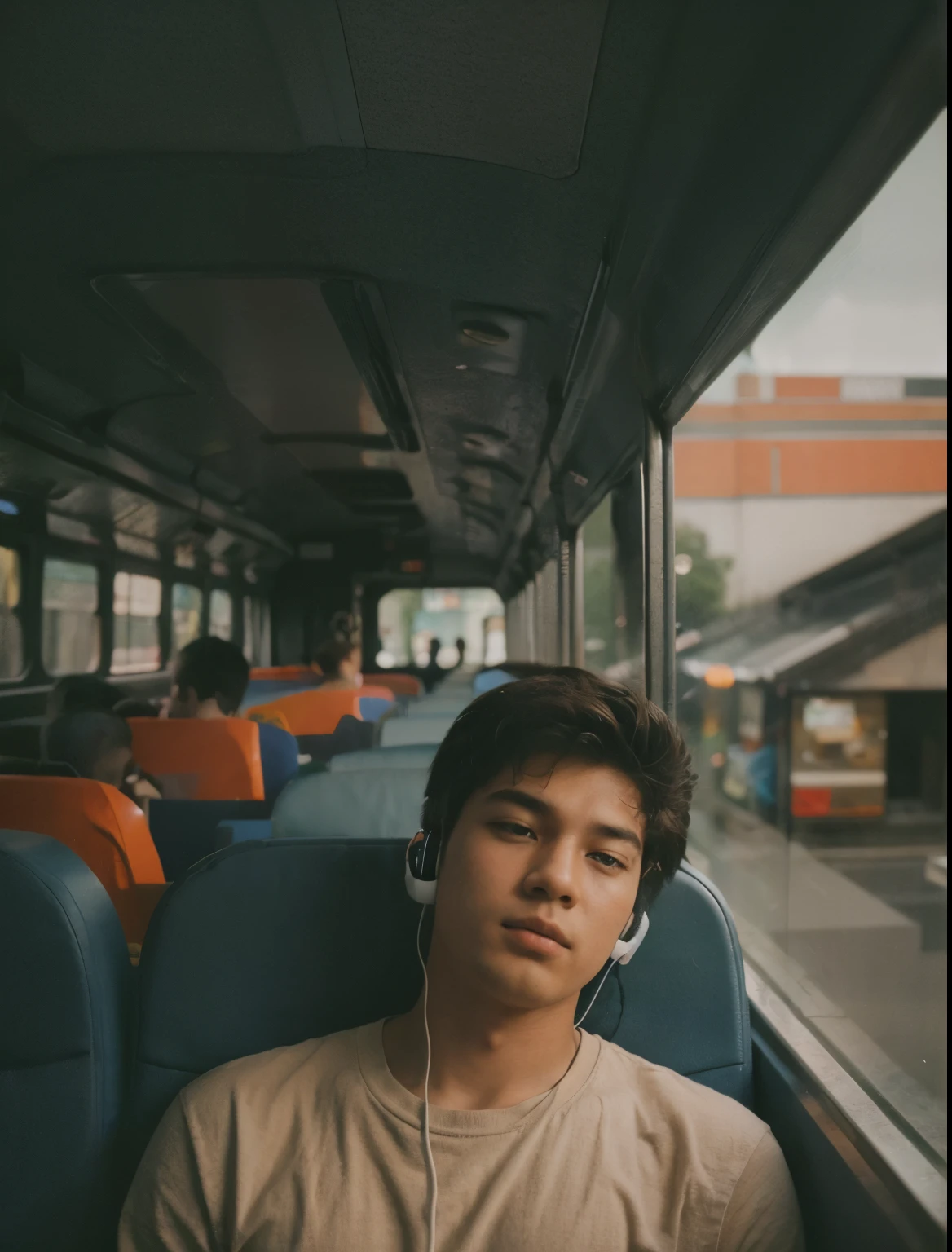 Boy on the bus listening music with earphone