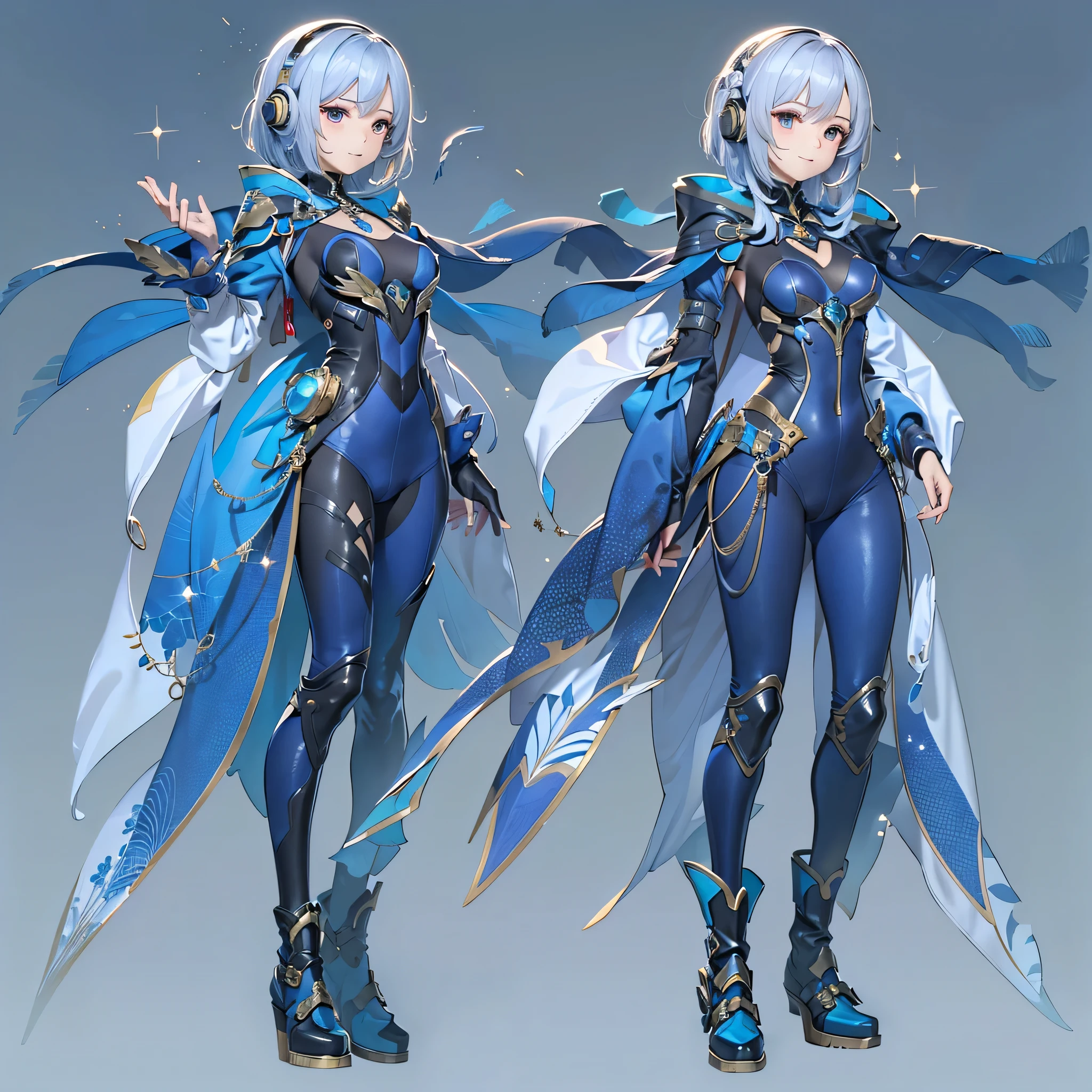 (masterpiece、highest quality、Highest Resolution、Clear_image、Detailed details、Angle from above): (Whole body、One 20 year old girl、Japanese Faces、Small Face、Slender、Navy blue super short bob cut hair、(Hidden small breasts:1.3)、Sparkling blue eyes、Shiny pilot suit in blue and black colors、Chest protection armor、Tight fitting clothes、Clothing that covers the whole body、Glamorous clothes、Tight Fit Pants、Hide your skin、Very delicate and beautiful、Detailed Skin、hide thighs、Hide your ass、Cute、A gentle smile、Soft expression、heroine、headset、Knee-high boots、Elbow-length gloves、Eye Level Shot、Face directly、Woman on a spaceship)