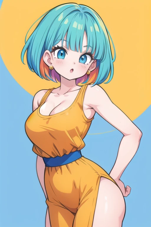 Une femme, 25 ans, mangas, cheveux longs, cheveux multicolores, details, Dragon Ball Bulma cosplay
