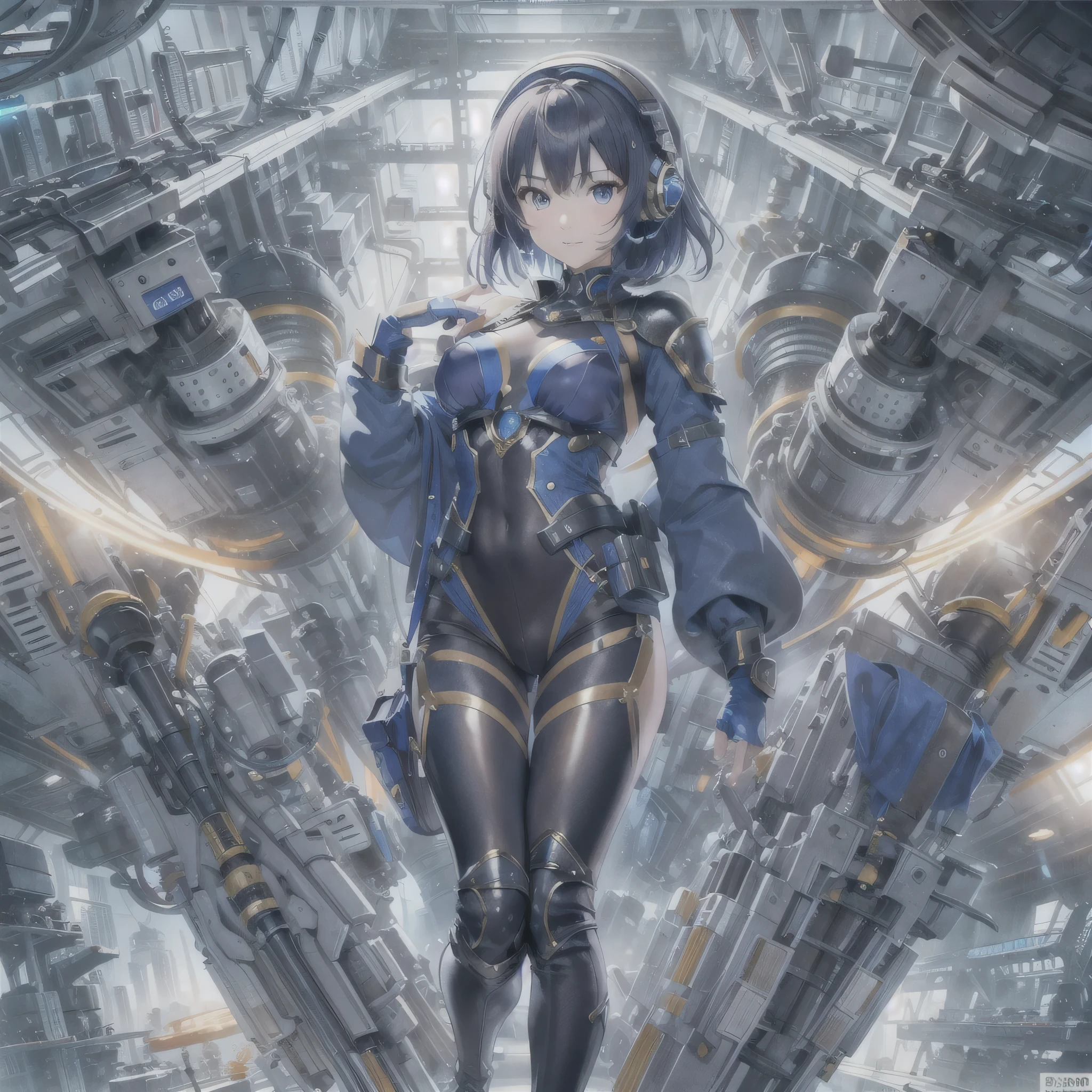 (masterpiece、highest quality、Highest Resolution、Clear_image、Detailed details、Angle from above): (Whole body、One 20 year old girl、Japanese Faces、Small Face、Slender、Navy blue super short bob cut hair、(Hidden small breasts:1.3)、Sparkling blue eyes、Shiny pilot suit in blue and black colors、Chest protection armor、Tight fitting clothes、Clothing that covers the whole body、Glamorous clothes、Tight Fit Pants、Hide your skin、Very delicate and beautiful、Detailed Skin、hide thighs、Hide your ass、Cute、A gentle smile、Soft expression、heroine、headset、Knee-high boots、Elbow-length gloves、Eye Level Shot、Face directly、Woman on a spaceship)