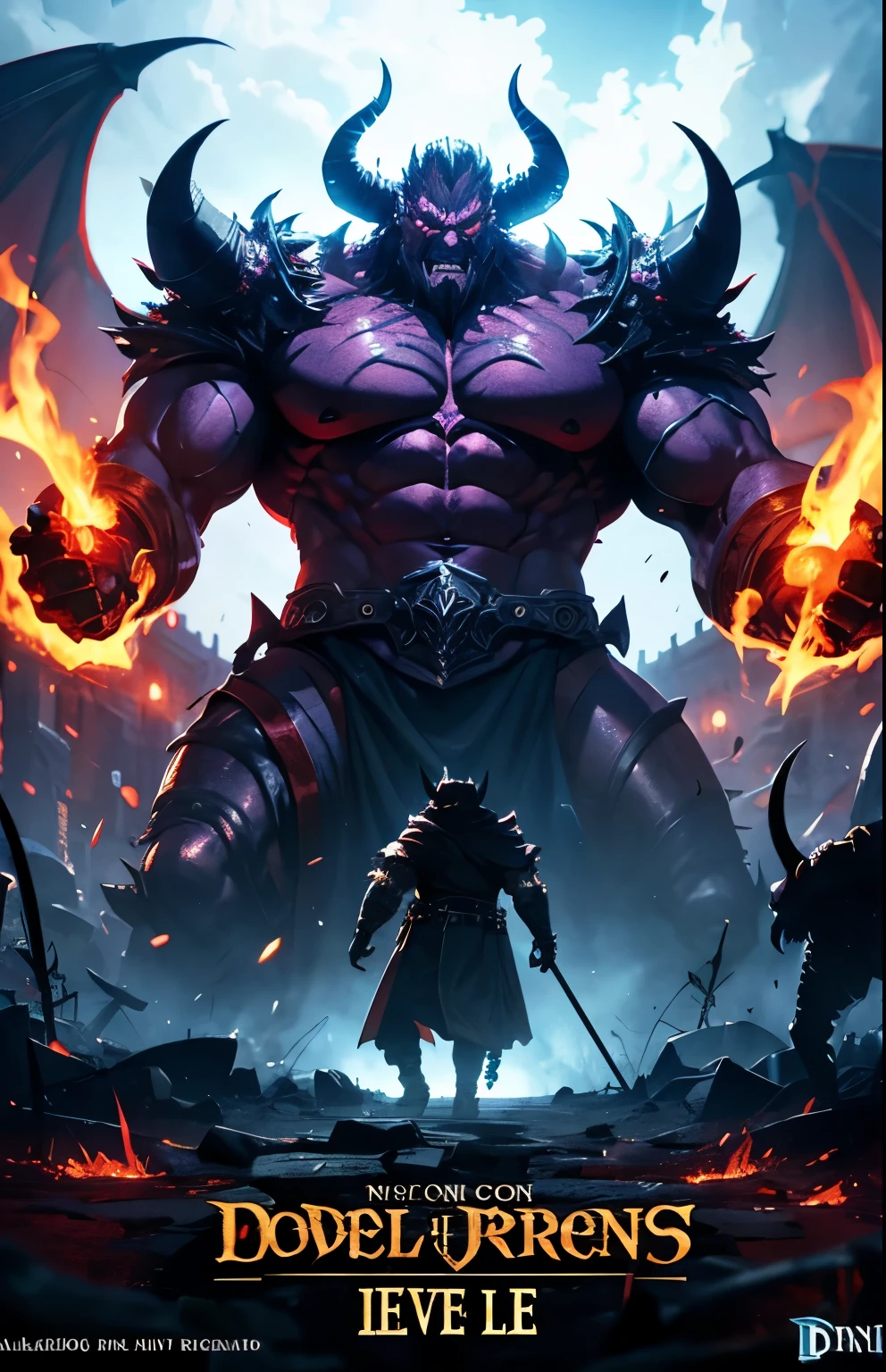 Final dnd boss, evil, demon, massive and muscular, looking at viewer, looking at camera, medieval fantasy, detailed, cineatic lights, hd, ultra hd, light particles 