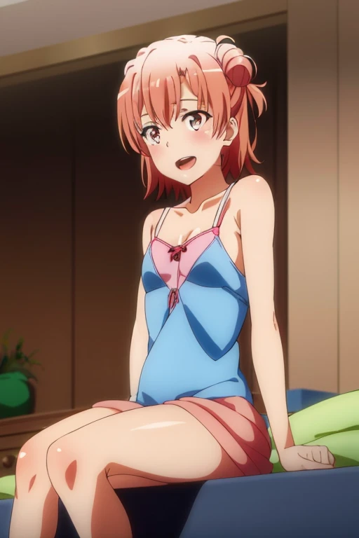 ((highest quality)), ((masterpiece)), (be familiar with), Perfect Face, indoor, Bedroom, Watching the audience,
One woman, Yuigahama Yui,
Open Mouth, Ecstatic expression, blush, smile,
Small breasts, Flat Chest, Young Girl, , , Girl,
Short Hair, Salmon-colored hair, Salmon-colored eyes, Side Pony,
Leg spread,