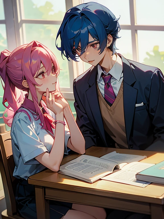 cartoon of a boy and a girl sitting at a table with a book, ddlc, in the art style of 8 0 s anime, 9 0 s anime style, 90s anime style, in anime style, in an anime style, anime aesthetic, anime vibes, 9 0 s anime aesthetic, 9 0 s anime art style, lofi boy and girl, typical anime classroom, beautiful background window, a cute boy and a cute girl, beautiful faces, a boy and a girl, don't extra hands, NO extra hands, generate a boy and a girl with NO extra hands, NO extra arm, the boy has a short hairstyle and the girl has a long hairstyle, pretty faces, cute pretty boy and cute pretty girl with amazing smile, based on ouran high school host club, host club
