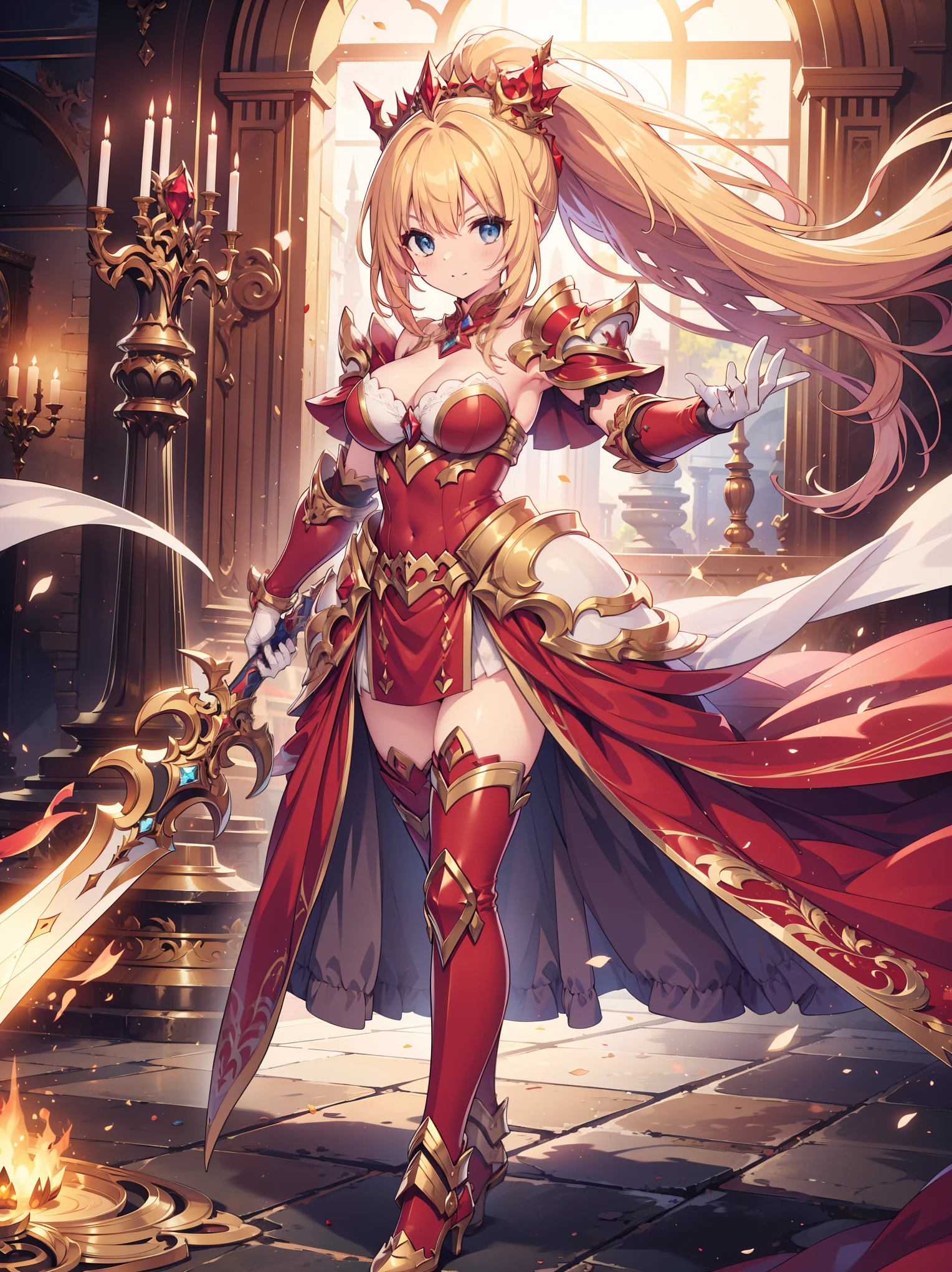 masterpiece, best quality, high resolution, extremely detailed CG, absurdres, full body, 1girl, solo, a girl in armor and a crown holding a large sword, white armor, golden decoration, red_outfit, off-shoulder, thighhighs, long hair, ponytail, blond hair, leg armor, cleavage, crown, gloves, armor, white gloves, high heels, off-shoulder armor, >:), Standing posing