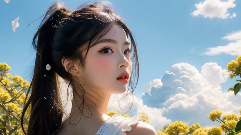 Highly detailed illustration,masterpiece, highest quality,{finelyて美しい目},1 girl,finely,Written boundary depth, 4k wallpaper, blue sky, cumulus, Wind, Very fine frills,Very fine lace,blue sky,Very long hair,Mouth slightly open,High Ponytail,Silver Hair,Small breasts,Cumulonimbus,Narrow waist,A lot of sparkling petals are scattered.,Hidden in pale yellow flowers,Written boundary depth,She bowed her head in frustration.,A lot of water droplets are flying,Upper body exposed,Lots of scattered leaves,branch ,angle ,Deepening the contours,cinematic angle ,{{{Classical decorative border}}}