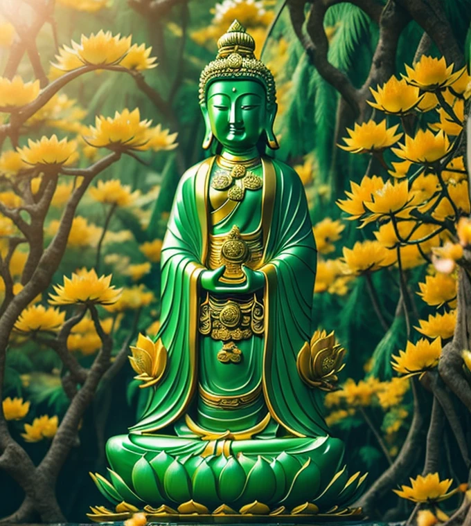 thousand hands thousand eyes quan yin statue made of jade, crystal clear jade statue, floating golden lotus, chinese haven back ground, holly light