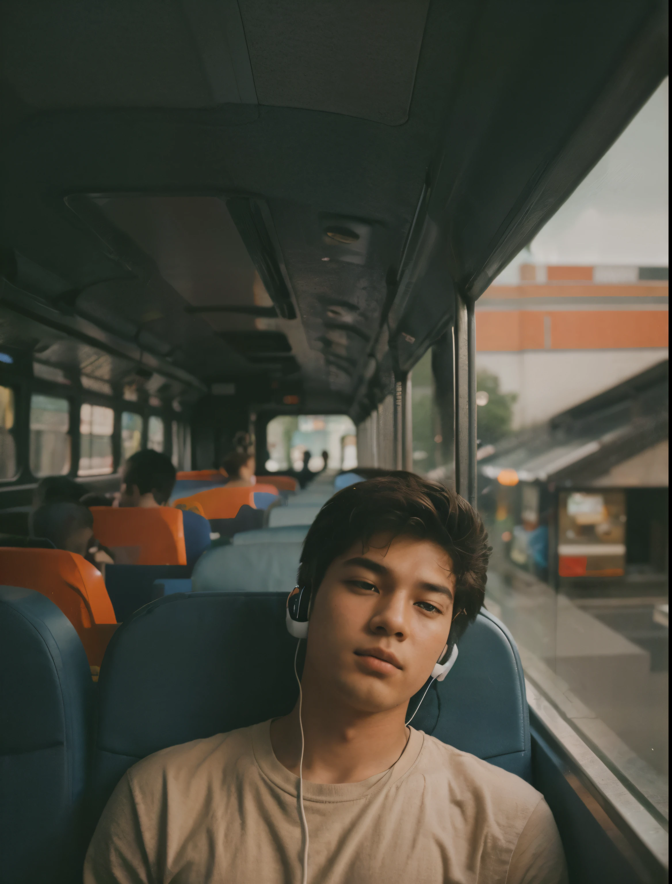 Boy on the bus listening music with earphone 