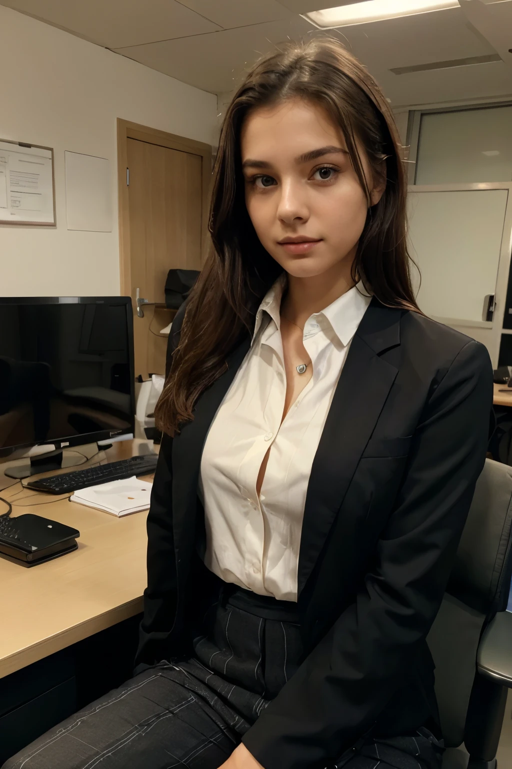 photography of a 20yo woman and men, perfect face, masterpiece, in formals like shirt pant tie blazer and she is hot sitting in office in front of camara