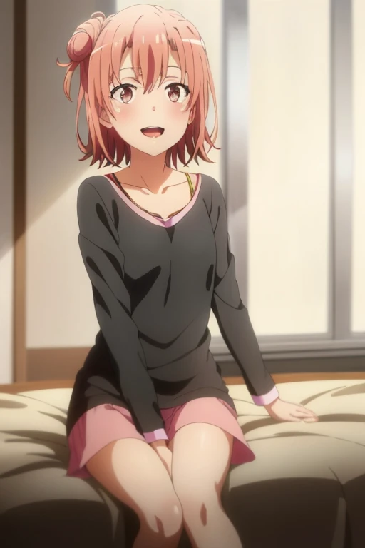 ((highest quality)), ((masterpiece)), (be familiar with), Perfect Face, indoor, Bedroom, Watching the audience,
One woman, Yuigahama Yui,
Open Mouth, Ecstatic expression, blush, smile,
Small breasts, Flat Chest, Young Girl, , , Girl,
Short Hair, Salmon-colored hair, Salmon-colored eyes, Side Pony,
Leg spread,