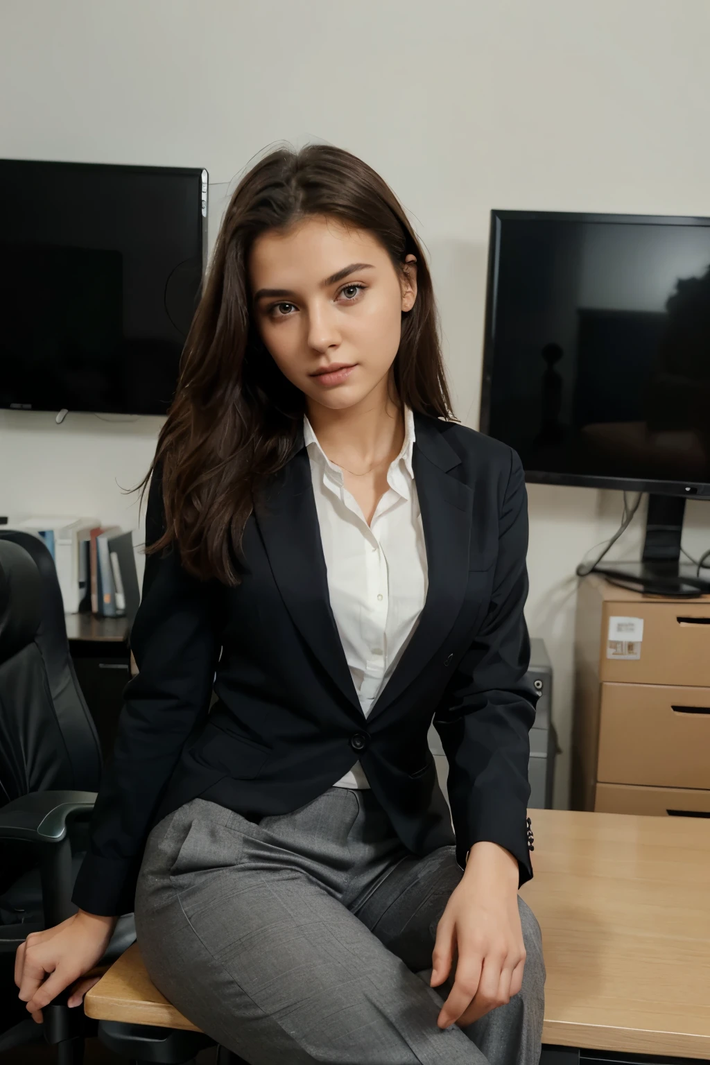 photography of a 20yo woman and men, perfect face, masterpiece, in formals like shirt pant tie blazer and she is hot sitting in office in front of camara