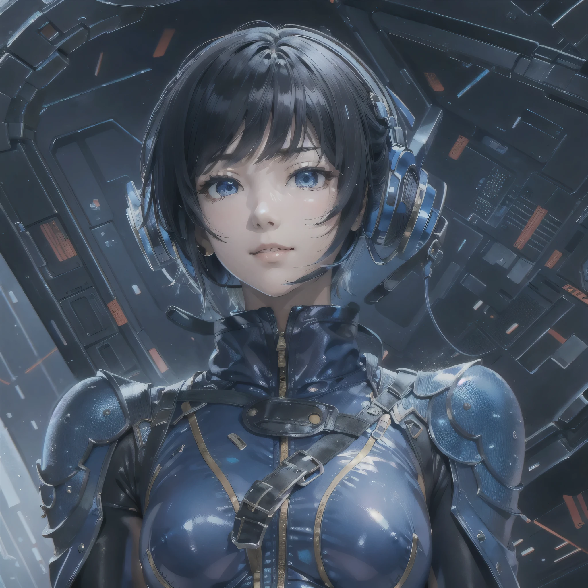 (masterpiece、highest quality、Highest Resolution、Clear_image、Detailed details、Angle from above): (Whole body、One 20 year old girl、Japanese Faces、Small Face、Slender、Navy blue super short bob cut hair、(Hidden small breasts:1.3)、Sparkling blue eyes、Shiny pilot suit in blue and black colors、Chest protection armor、Tight fitting clothes、Clothing that covers the whole body、Glamorous clothes、Tight Fit Pants、Hide your skin、Very delicate and beautiful、Detailed Skin、hide thighs、Hide your ass、Cute、A gentle smile、Soft expression、heroine、headset、Knee-high boots、Elbow-length gloves、Eye Level Shot、Face directly、Woman on a spaceship)