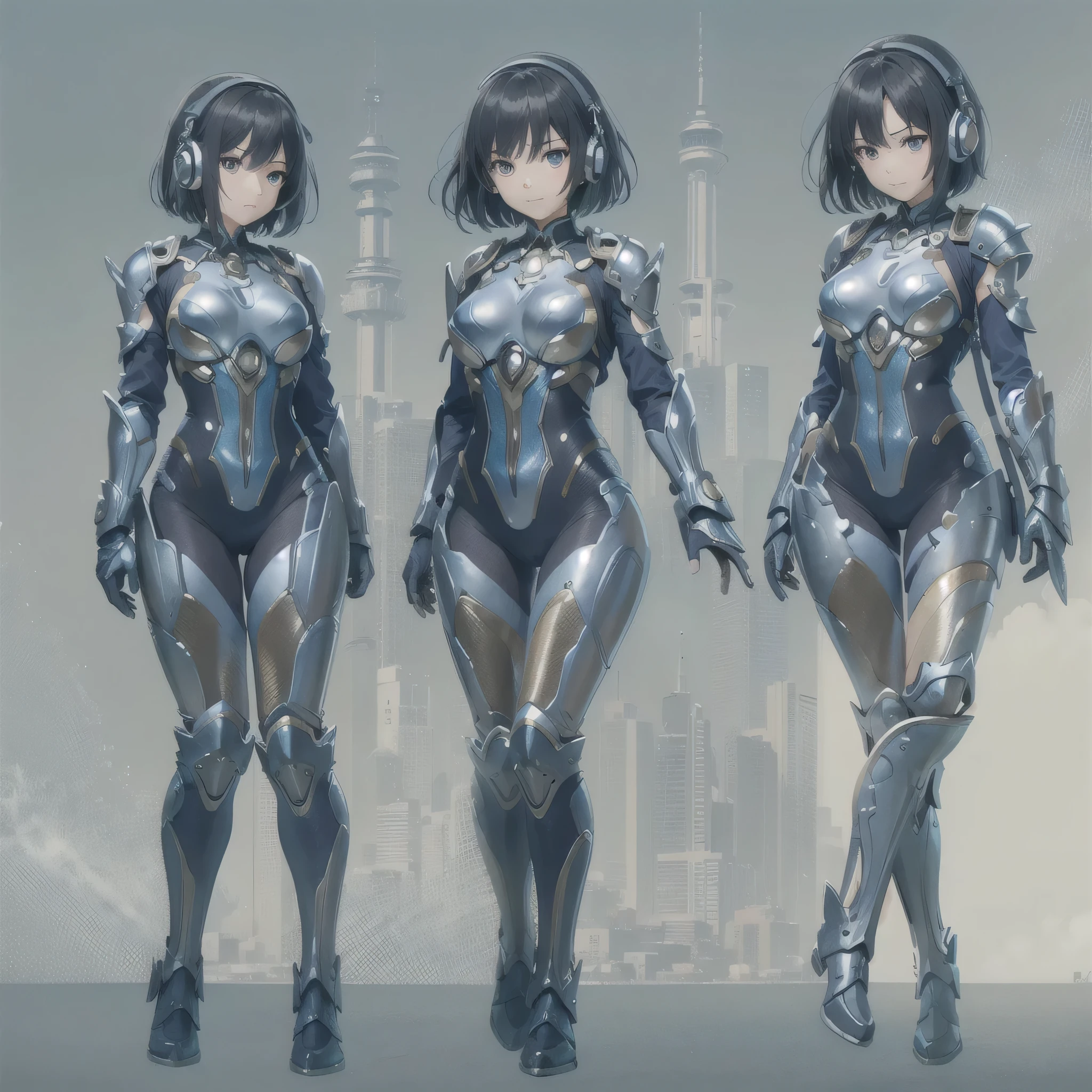 (masterpiece、highest quality、Highest Resolution、Clear_image、Detailed details、Angle from above): (Whole body、One 20 year old girl、Japanese Faces、Small Face、Slender、Navy blue super short bob cut hair、(Hidden small breasts:1.3)、Sparkling blue eyes、Shiny pilot suit in blue and black colors、Chest protection armor、Tight fitting clothes、Clothing that covers the whole body、Glamorous clothes、Tight Fit Pants、Hide your skin、Very delicate and beautiful、Detailed Skin、hide thighs、Hide your ass、Cute、A gentle smile、Soft expression、heroine、headset、Knee-high boots、Elbow-length gloves、Eye Level Shot、Face directly、Woman on a spaceship)