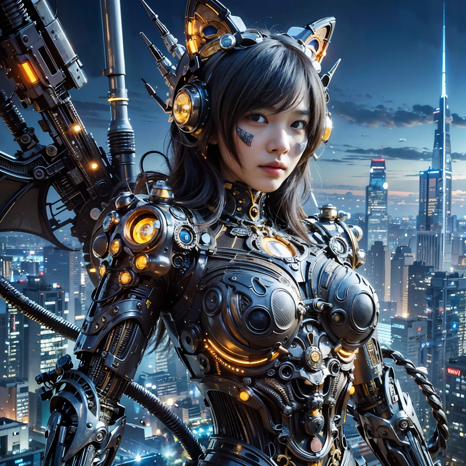 Masterpiece, (ultimate quality:1.2), 8k, Japanese woman in turtle-type powered suit, silver base with yellow and black accents, very beautiful face, mechanical, (mechanical bat wings), jet pack, hydraulic cylinder, power pipe, ultimately intricate details, full body shot, (ultimate photo Realistic:1.37), future metropolis at night, (Steampunk: 1.2), (Cyberpunk), Full body photo, Wide-angle shot