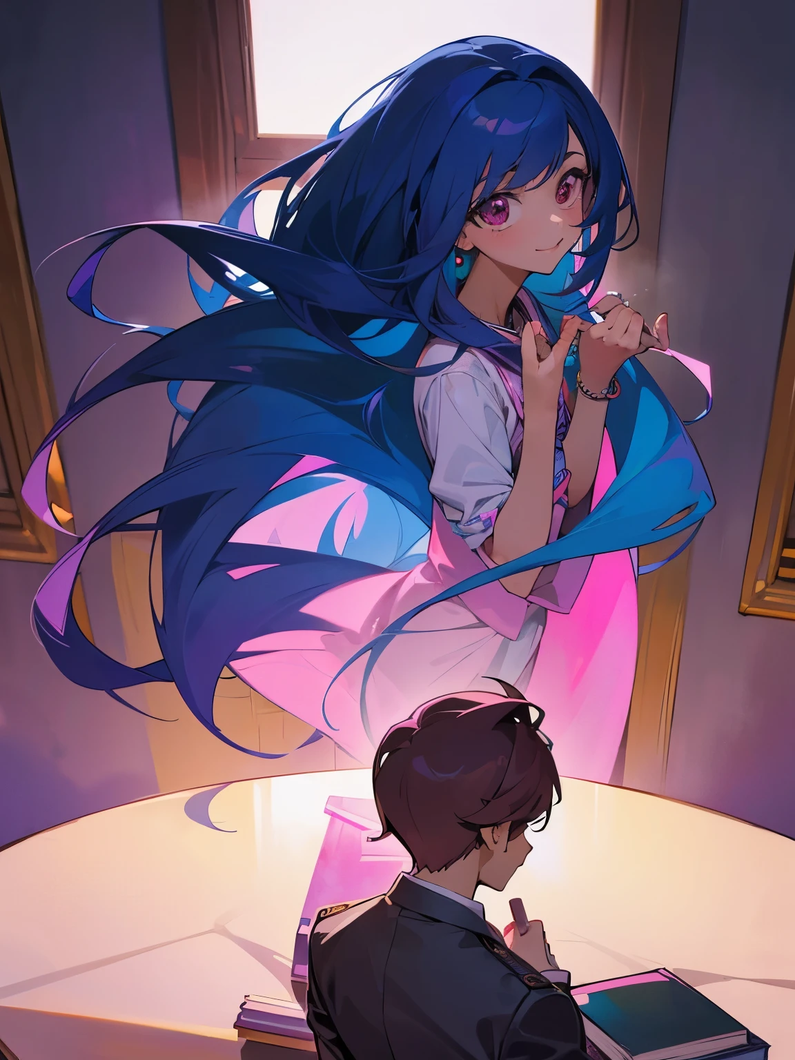 cartoon of a boy and a girl sitting at a table with a book, ddlc, in the art style of 8 0 s anime, 9 0 s anime style, 90s anime style, in anime style, in an anime style, anime aesthetic, anime vibes, 9 0 s anime aesthetic, 9 0 s anime art style, lofi boy and girl, typical anime classroom, beautiful background window, a cute boy and a cute girl, beautiful faces, a boy and a girl, don't extra hands, NO extra hands, generate a boy and a girl with NO extra hands, NO extra arm, the boy has a short hairstyle and the girl has a long hairstyle, pretty faces, cute pretty boy and cute pretty girl with amazing smile, based on ouran high school host club, host club 