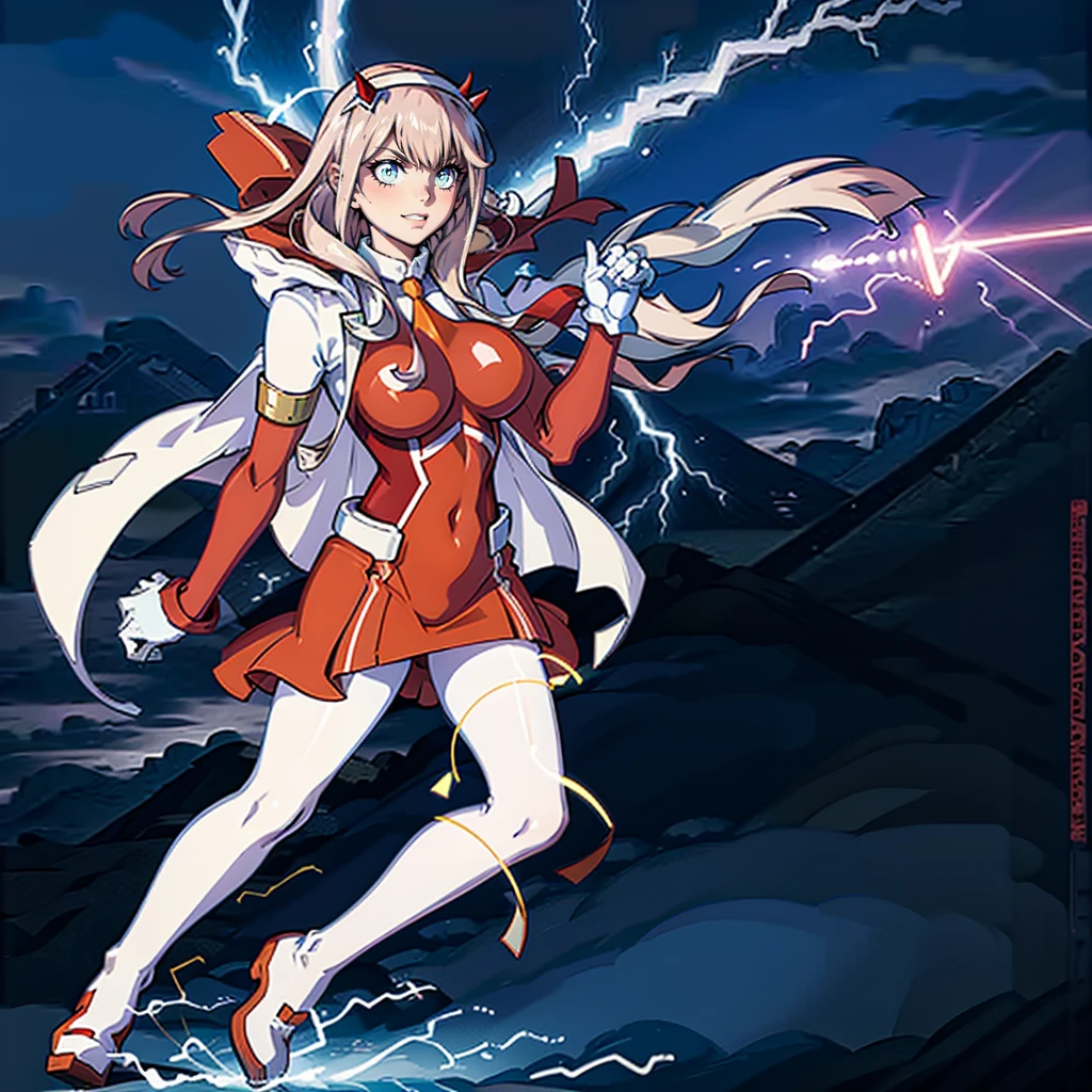 masterpiece, best quality, IncrsLowTier, electricity, glowing eyes zerotwo horns, hairband, necktie, red dress, pantyhose horns, hairband, red bodysuit, armlet, mecha horns, hairband, white bodysuit, white gloves, cap, red dress, white gloves, jacket on shoulders, pantyhose, cyber_armor body_suit,huge_breast, tall female, fulll body, sun light, smile,, sun aura,, boots, standing, smile, lips, red lips,{best quality}, {amazing quality} {best quality},{amazing quality},, {absurdres},{{highres}}, {very aesthetic}, {detailed}