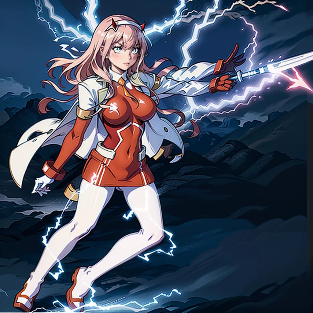 masterpiece, best quality, IncrsLowTier, electricity, glowing eyes zerotwo horns, hairband, necktie, red dress, pantyhose horns, hairband, red bodysuit, armlet, mecha horns, hairband, white bodysuit, white gloves, cap, red dress, white gloves, jacket on shoulders, pantyhose, cyber_armor body_suit,huge_breast, tall female, fulll body, sun light, smile,, sun aura,, boots, standing, smile, lips, red lips,{best quality}, {amazing quality} {best quality},{amazing quality},, {absurdres},{{highres}}, {very aesthetic}, {detailed}