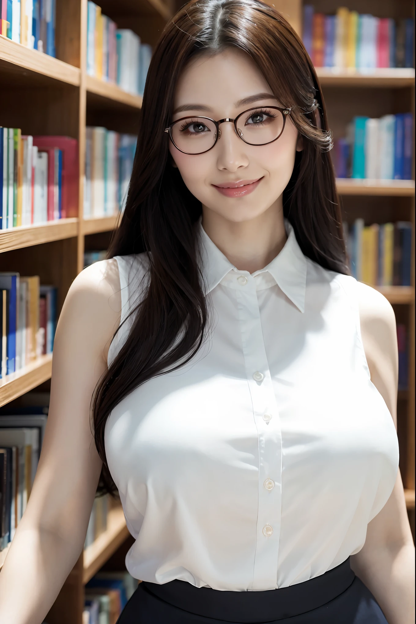 (highest quality、Tabletop、8k、Award-winning works、Ultra-high resolution、Best image quality)、One beautiful woman、(White polyester sleeveless buttoned collared blouse:1.3)、(Elegant black tight skirt:1.1)、(Huge breasts:1.2)、The most beautiful smile is looking at me、(Elegant round glasses:1.2)、Beautiful and elegant very long wavy hair、library、(Standing Elegantly:1.1)、(Strongly blurred background:1.1)、Stand next to a bookshelf、(Perfectly organized bookshelf:1.1)、Bookshelf in the background、居心地の良いlibrary、lipstick、Long eyelashes、Heavy makeup、Perfect Makeup、Colored contact lenses、Accentuate your body lines、Big ample breasts、Soft and warm lighting、Detailed bookshelf、(Ultra-high resolutionの正確な美しい髪:1.1)、(Accurate anatomy:1.2)、Ultra-high definition beautiful eyes、Ultra-high definition beautiful teeth、(Super bright and radiant skin:1.1)