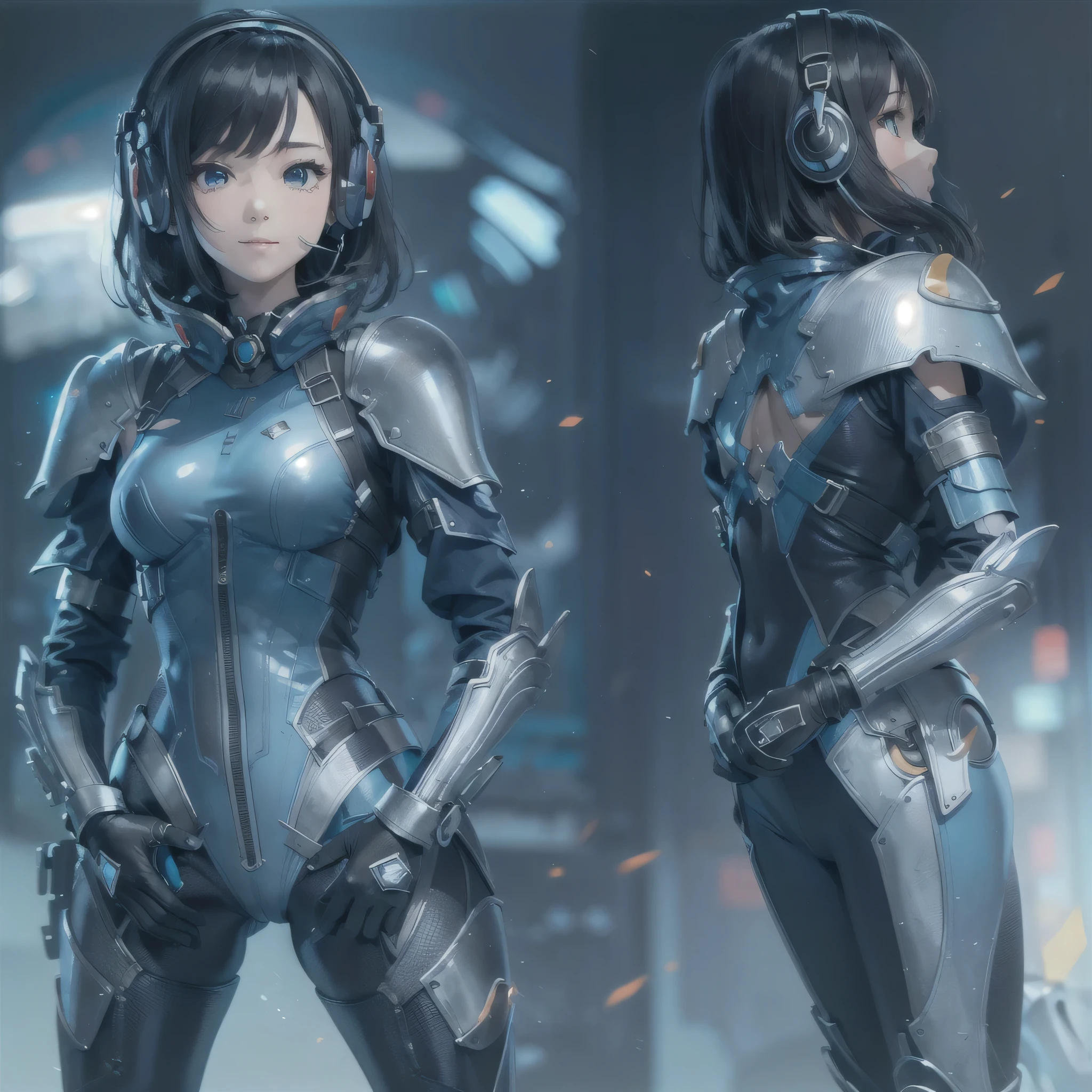 (masterpiece、highest quality、Highest Resolution、Clear_image、Detailed details、Angle from above): (Whole body、One 20 year old girl、Japanese Faces、Small Face、Slender、Navy blue super short bob cut hair、(Hidden small breasts:1.3)、Sparkling blue eyes、Shiny pilot suit in blue and black colors、Chest protection armor、Tight fitting clothes、Clothing that covers the whole body、Glamorous clothes、Tight Fit Pants、Hide your skin、Very delicate and beautiful、Detailed Skin、hide thighs、Hide your ass、Cute、A gentle smile、Soft expression、heroine、headset、Knee-high boots、Elbow-length gloves、Eye Level Shot、Face directly、Woman on a spaceship)