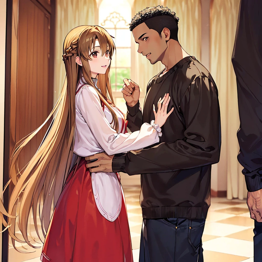 ((highest quality)), ((masterpiece)), Perfect Face、((Yuuki Asuna))、Brown Hair、((Black man and woman standing close together))、((Black man fondling woman&#39;s breasts))、((Woman pregnant with black boy))、((Black men and women naked))、((Black man with big erect dick and big balls))、((Black men have dark skin and strong bodies))、On the bed in the bedroom、Woman has happy expression