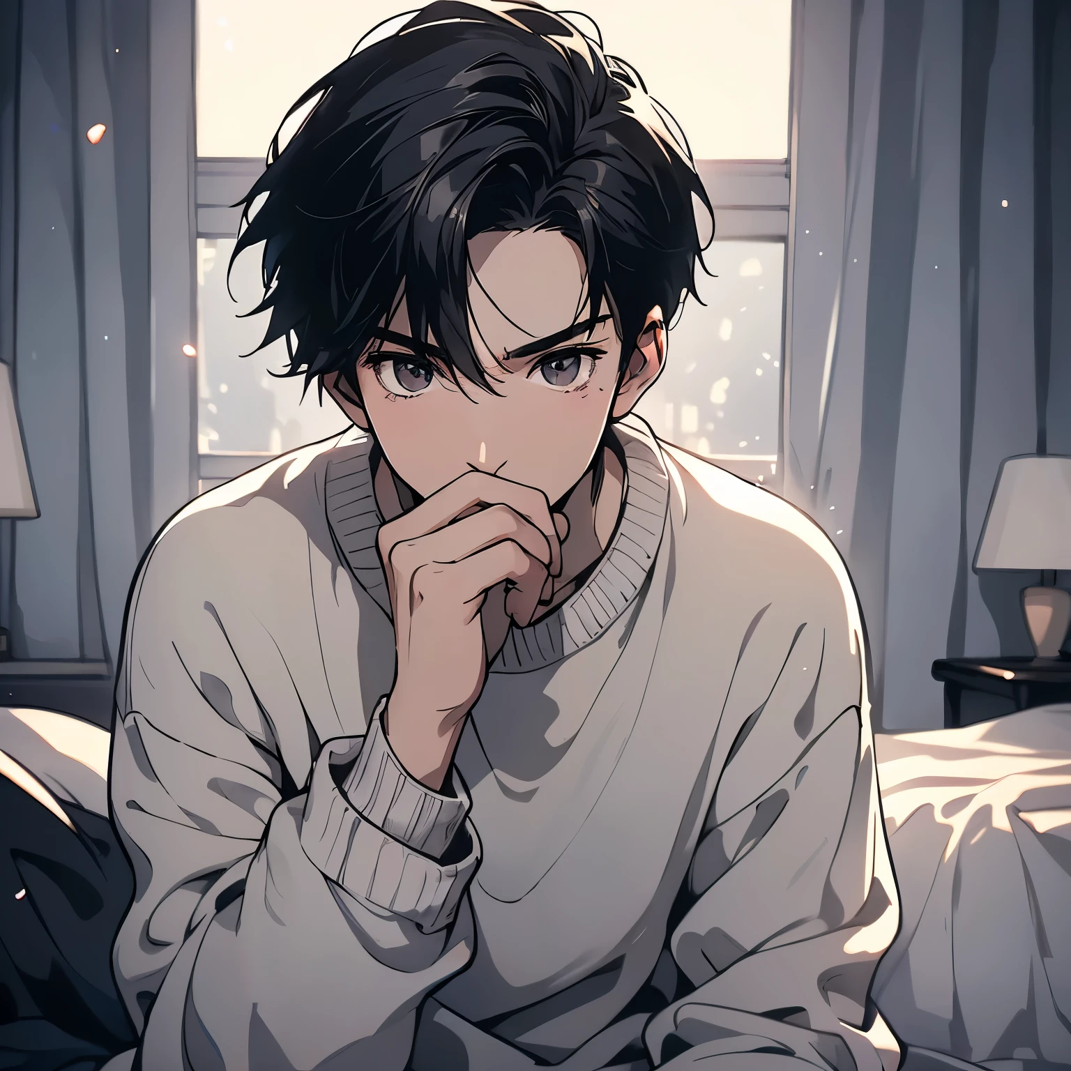 A black hair，18-year-old man in white sweater，Sitting on the bed in the bedroom of the house，Hand covering mouth and coughing，panic expression，Sweating 1.5（Upper body display：1.5）（cinematic lighting：1.5）)(ultra-high detail:1.5)(best quality:1.5)