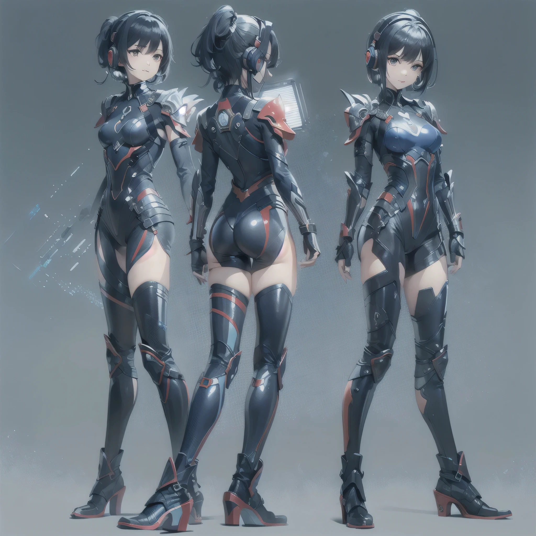 (masterpiece、highest quality、Highest Resolution、Clear_image、Detailed details、Angle from above): (Whole body、One 20 year old girl、Japanese Faces、Small Face、Slender、Navy blue super short bob cut hair、(Hidden small breasts:1.3)、Sparkling blue eyes、Shiny pilot suit in blue and black colors、Chest protection armor、Tight fitting clothes、Clothing that covers the whole body、Glamorous clothes、Tight Fit Pants、Hide your skin、Very delicate and beautiful、Detailed Skin、hide thighs、Hide your ass、Cute、A gentle smile、Soft expression、heroine、headset、Knee-high boots、Elbow-length gloves、Eye Level Shot、Face directly、Woman on a spaceship)