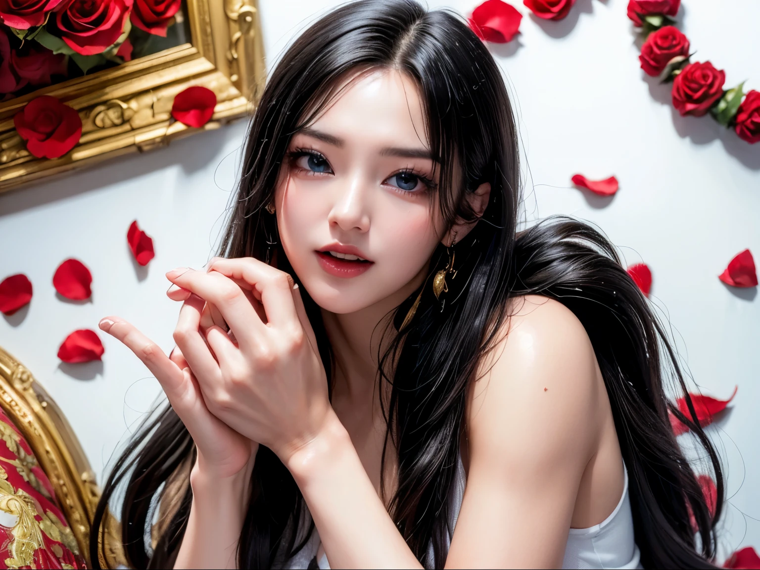 highest quality, masterpiece, Very detailed,One girl, ((Rose)), (vine), cage, bandage, Red rope, (Detail Light), falling Rose petals, Boa Hancock, (Browsing Caution:1.3), (masterpiece:1.5), Detailed Photos, smile, sexy, (8k, highest quality: 1.4), (One girl), beautiful Face, (Anime realistic face), (Black Hair, Long Hair: 1.3), beautiful Hairstyle, Realistic eyes, beautifulディテールの目, (White skin), beautiful肌, Absurd, Charm, 超High resolution, Ultra-realistic, High resolution, Golden Ratio, (Sexually excited:1.5), Pinkish White skin, Cool white light, sexyなポーズ, beautiful , White Background, Pink soft white light, Wearing a white tank top